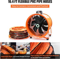 8-Inch High-Velocity Portable Utility Blower Fan, Industrial Exhaust Fan with 16.4ft Flexible Duct Hose, 3150 RPM Low-Noise Ventilator for Basements, Workshops, Warehouses, and Confined Spaces