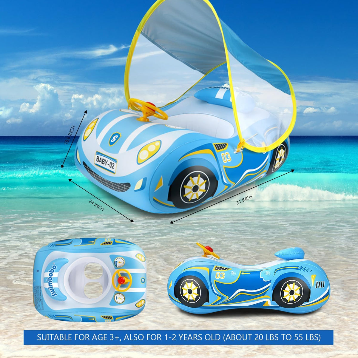 BOffer inflatable baby pool float shaped like a car with steering wheel and horn - view 18