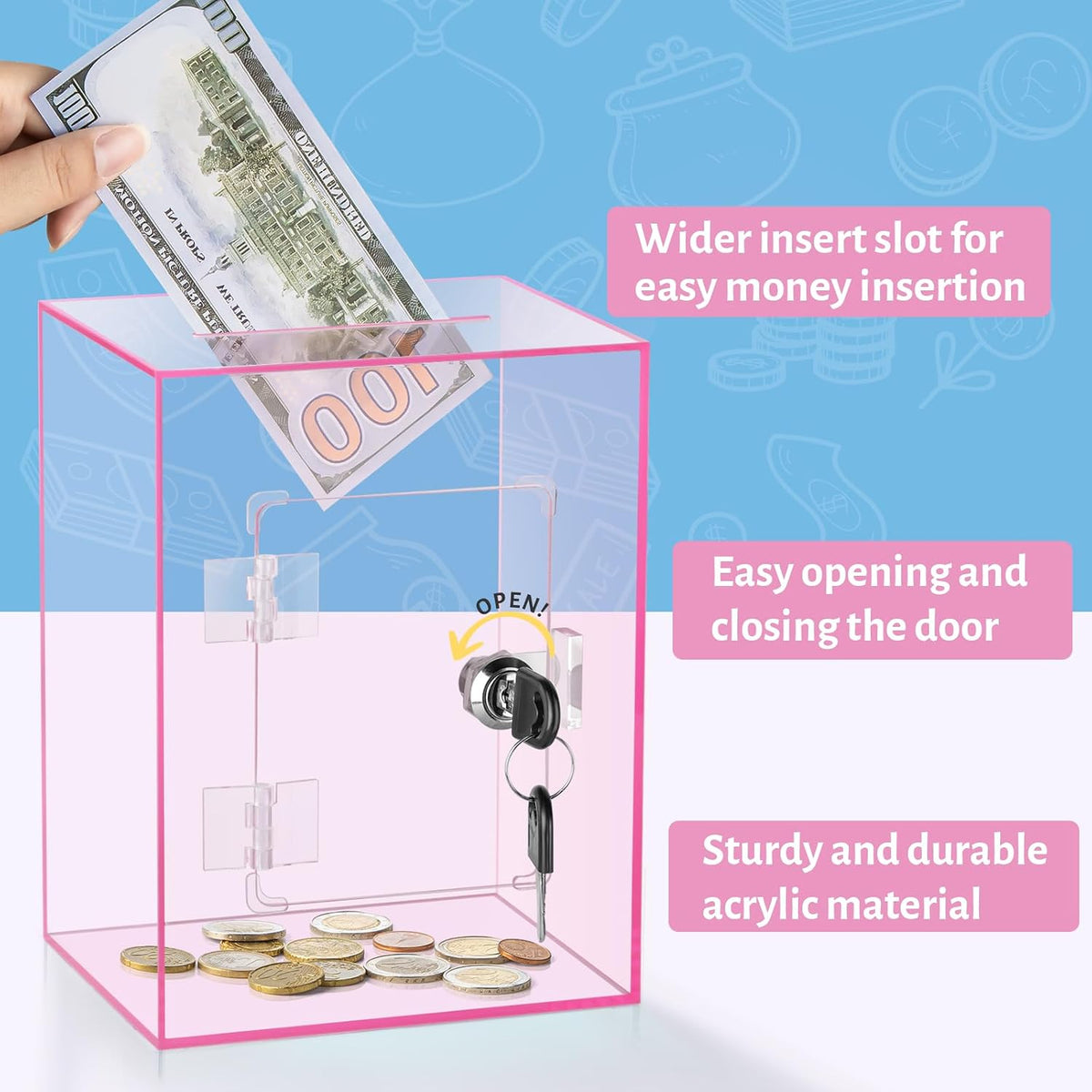 Clear Pink Piggy Bank with Lock & Key for Adults - Pink - image 3
