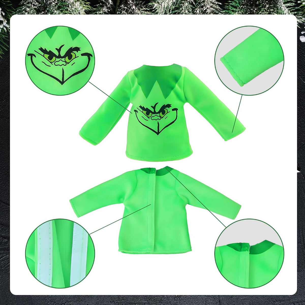 AimatRun Christmas elf doll clothes with green hat, eye patch and monster print outfit - view 4