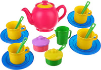 FLORMOON 18 piece toy tea set for kids with teapot, cups, saucers and plates in 6 colors