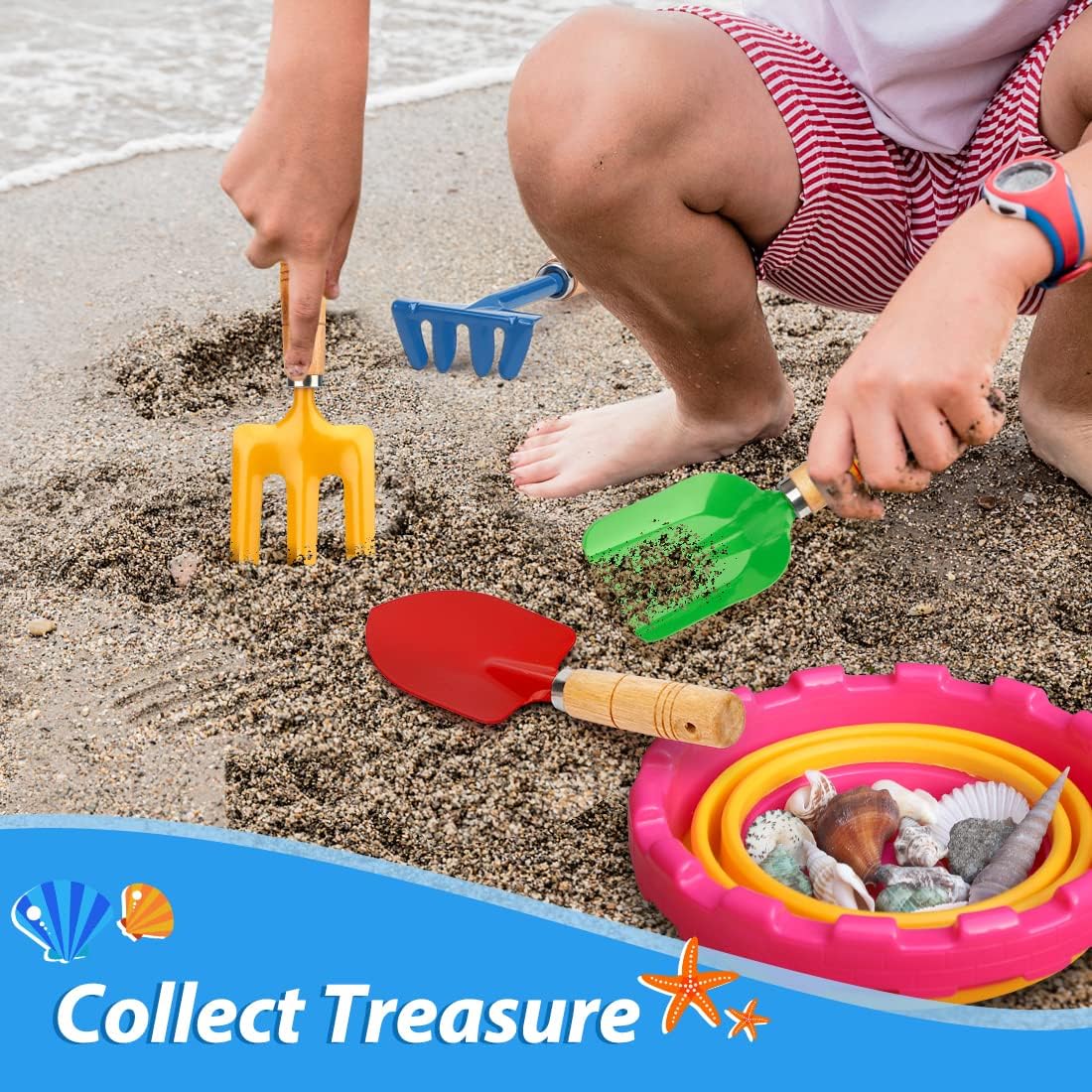 Anzmtosn kids garden tool set with rake, spade, hoe and leaf rake in a mesh bag - view 6