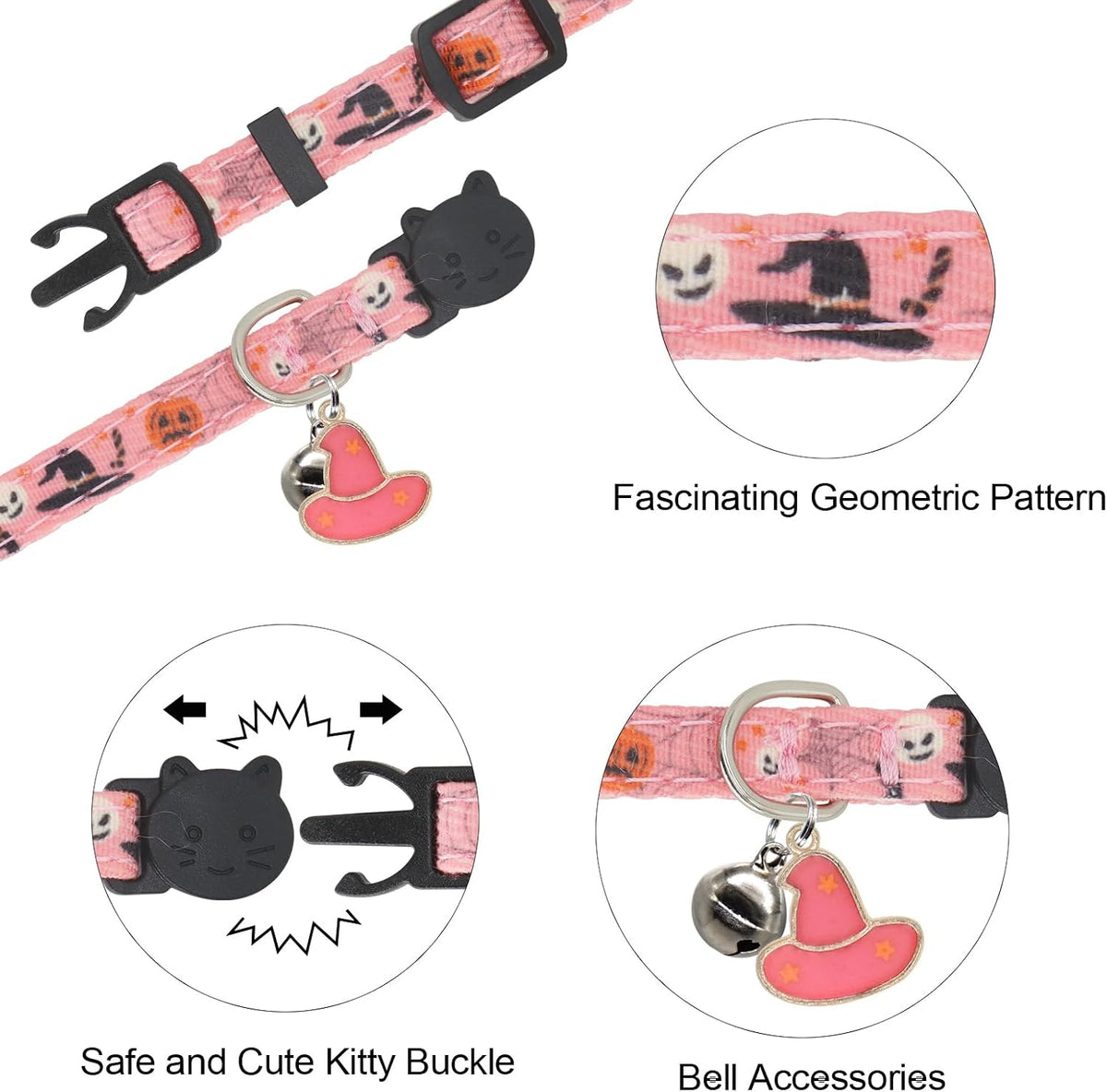 Halloween Cat Collar, Cotton 2 Pack Cat Collar with Bells - Halloween Pink / 7-11'' - image 4