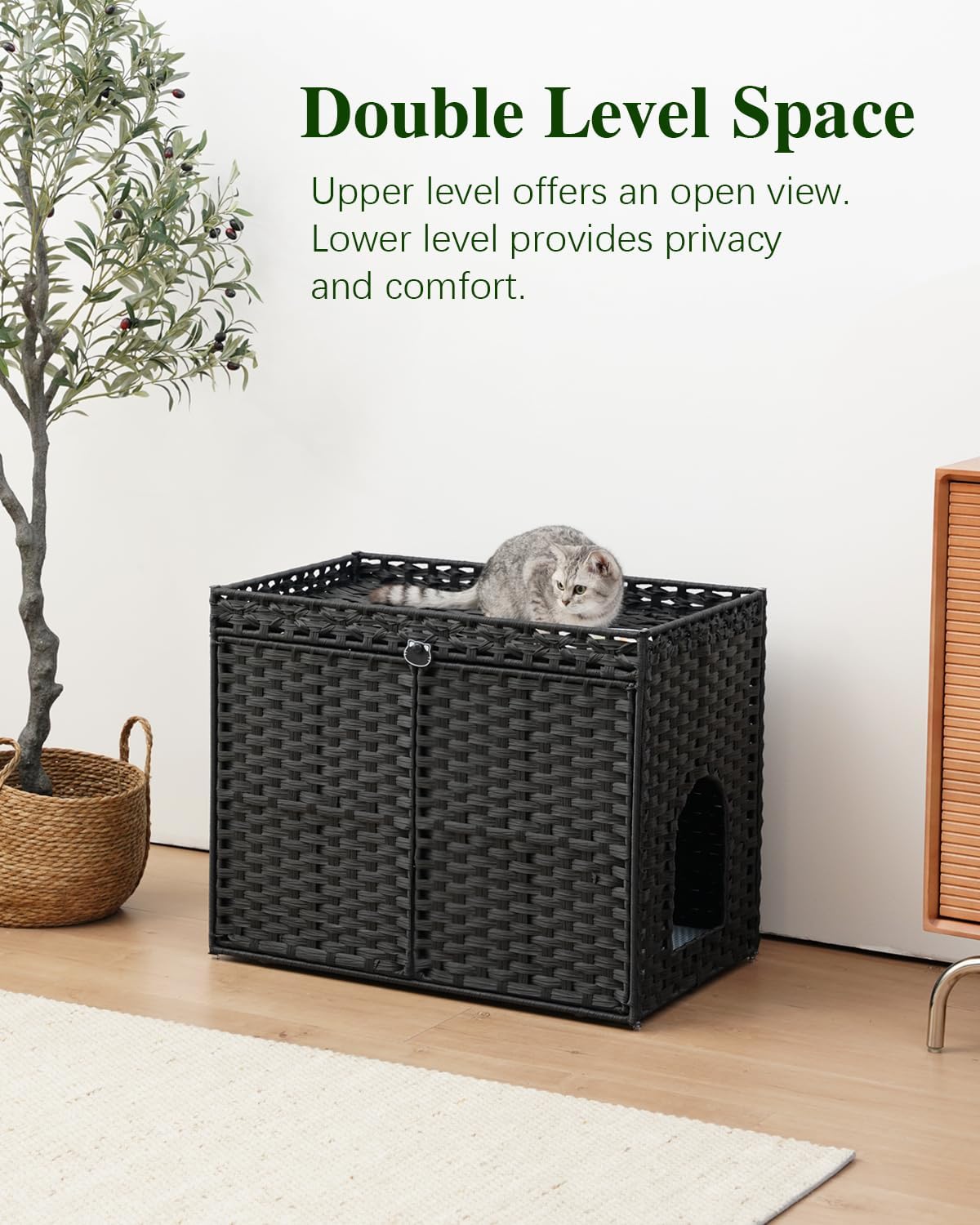 Cat Litter Box Enclosure, Extra Large Hidden PE Rattan Natural – Essentials for Cats - Black - image 2