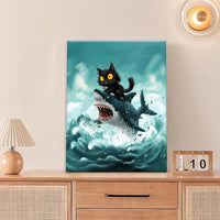 Funny Black Cat Bathroom Wall Art Cute Cat Riding Shark Canvas Wall Decor Animal Kitten Pictures Painting Print Artwork Framed Decorations Gifts for Cat Lover Kids Room Bedroom 16"x20"