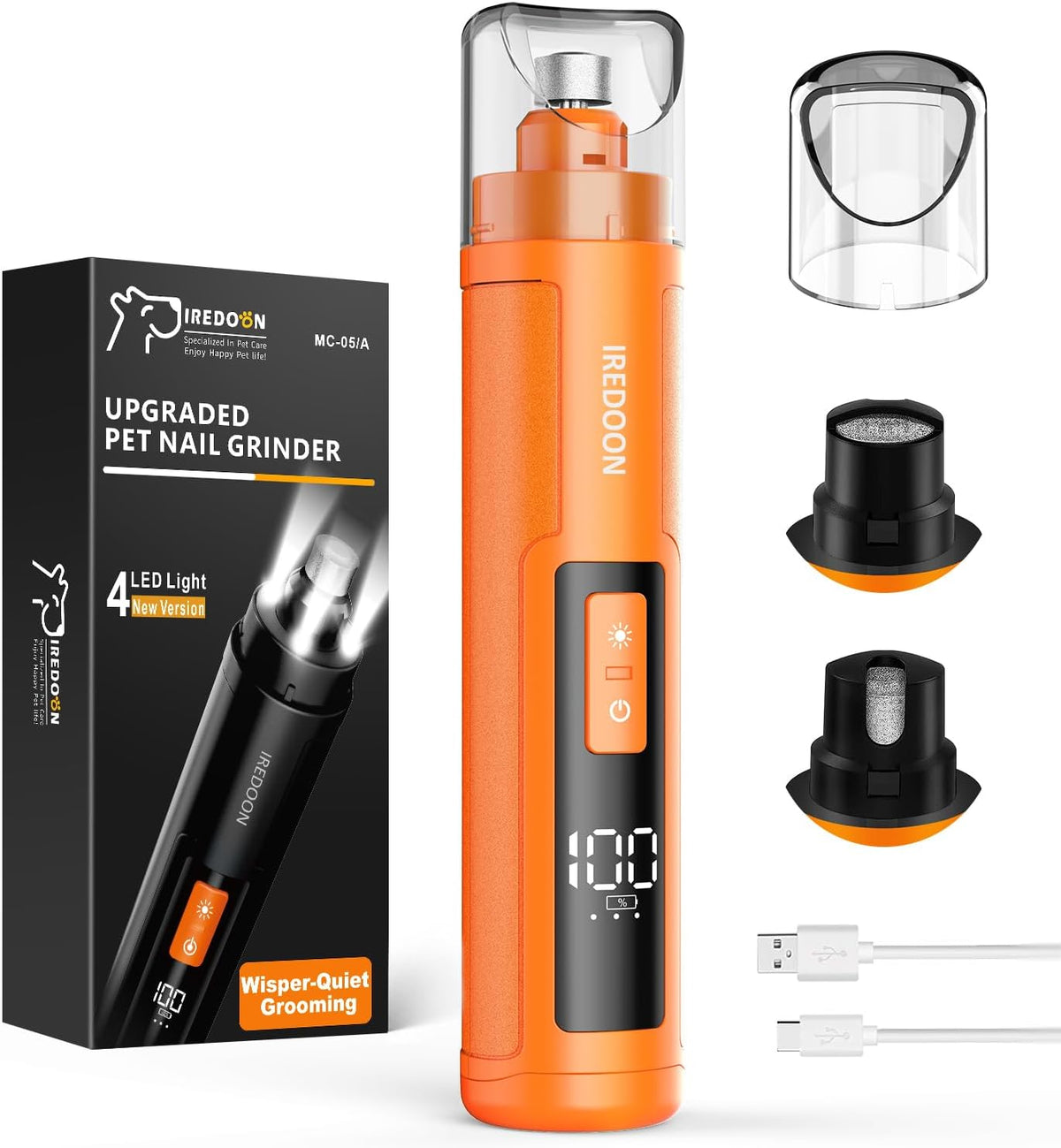 Dog Nail Grinder with 4 LED Lights - Orange