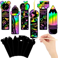 JUNEBRUSHS rainbow scratch art bookmarks with bamboo scratch sticks and colored satin ropes