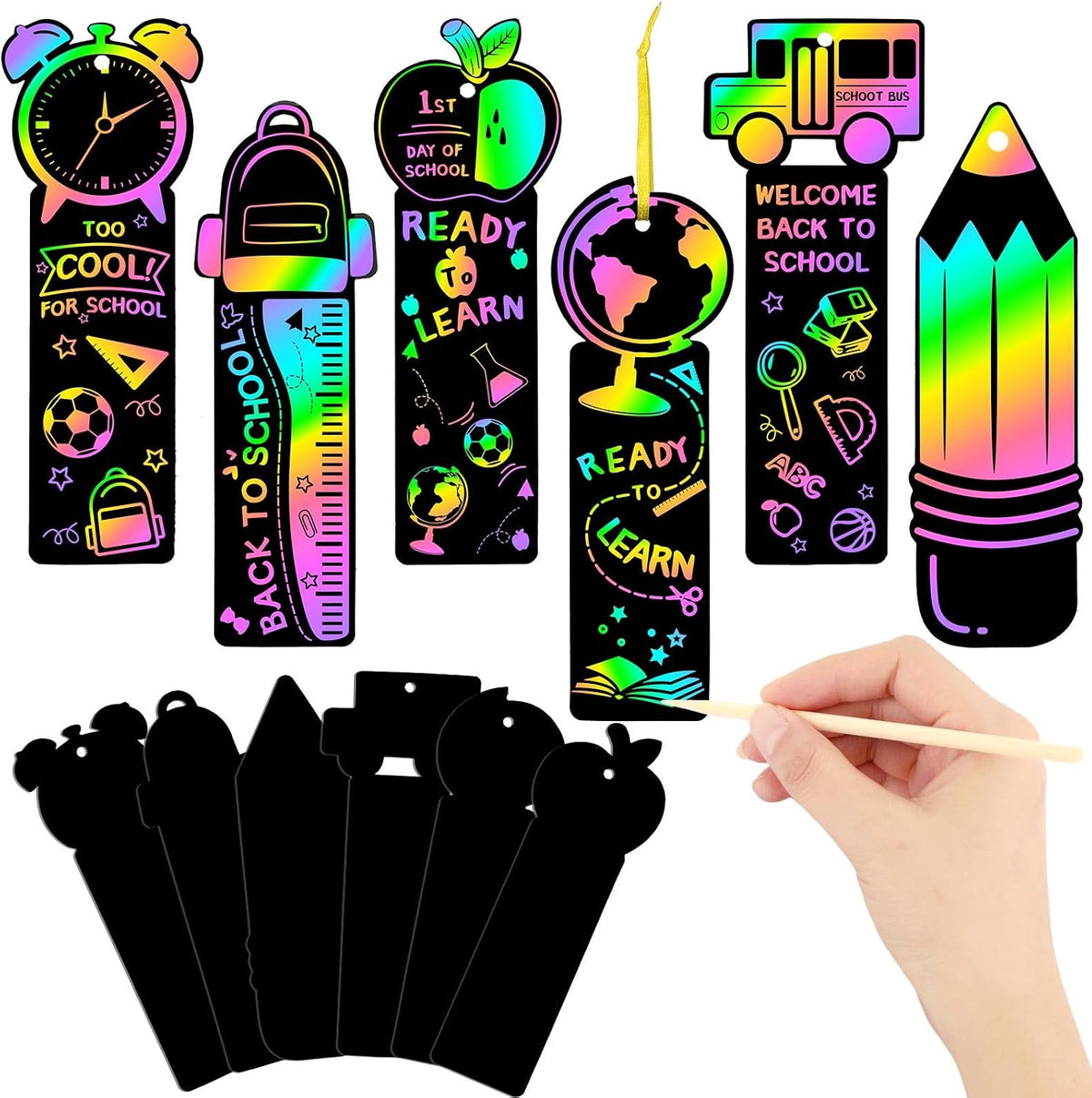 JUNEBRUSHS rainbow scratch art bookmarks with bamboo scratch sticks and colored satin ropes
