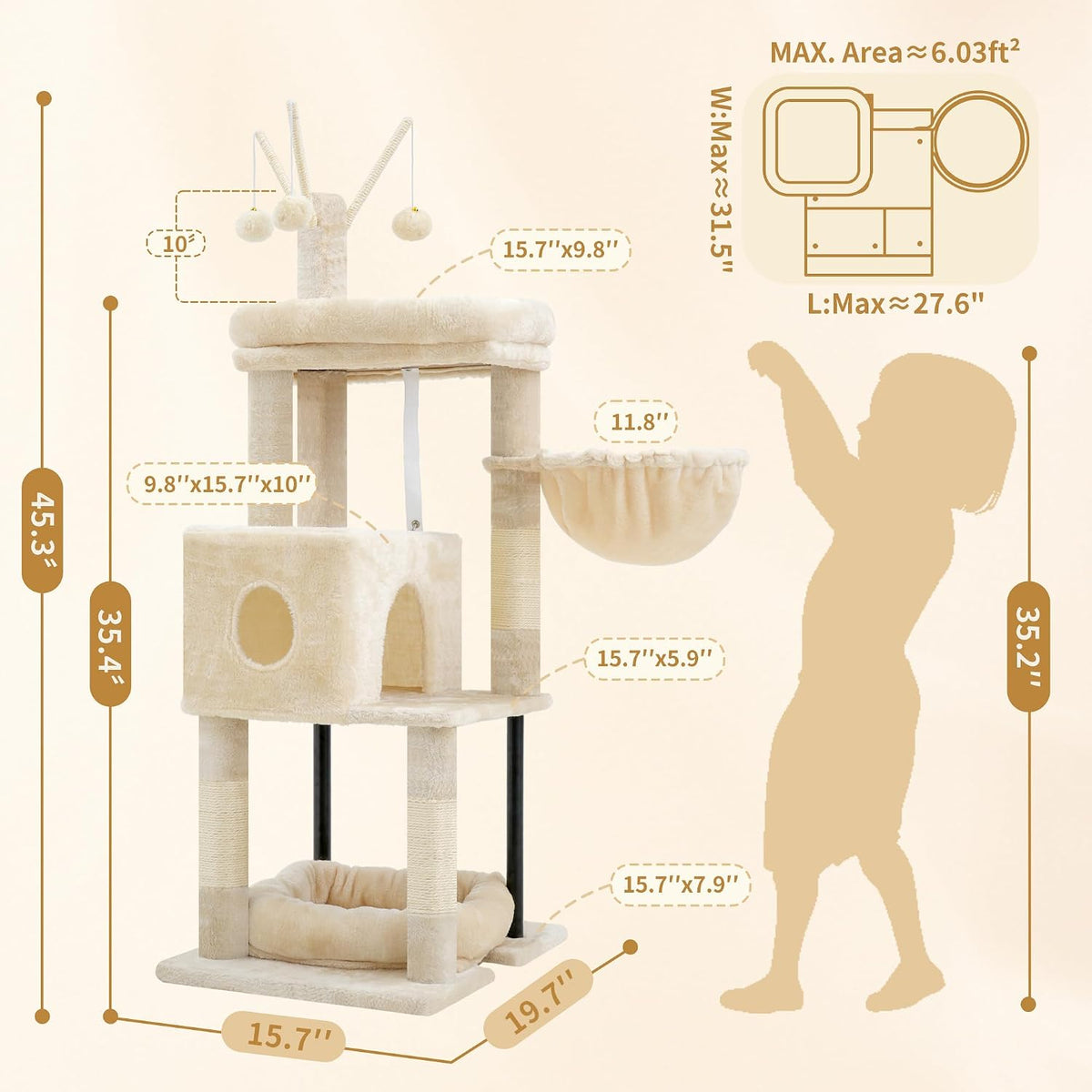 Heybly Cat Tree, 45.3" Cat Tower for Indoor Cats with Large Perch HCT202SG – Essentials for Cats - 45.3 inch / Beige - image 3