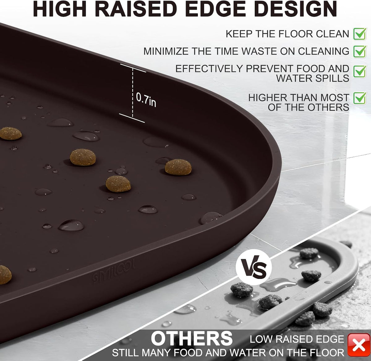 SMILOOL Waterproof Silicone Pet Food Mat with Raised Edge for Dog - Dark Brown / 12"L x 12"W - image 3