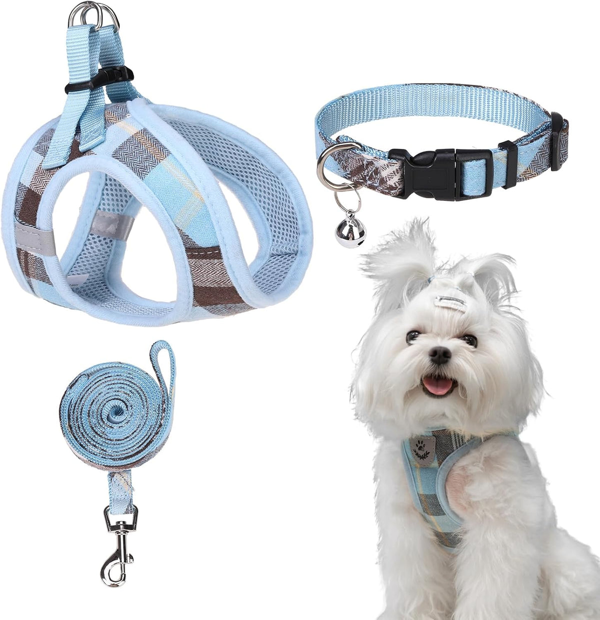 EXPAWLORER Plaid Small Dog Harness and Leash Set with AirTag Holder - Blue / X-Small