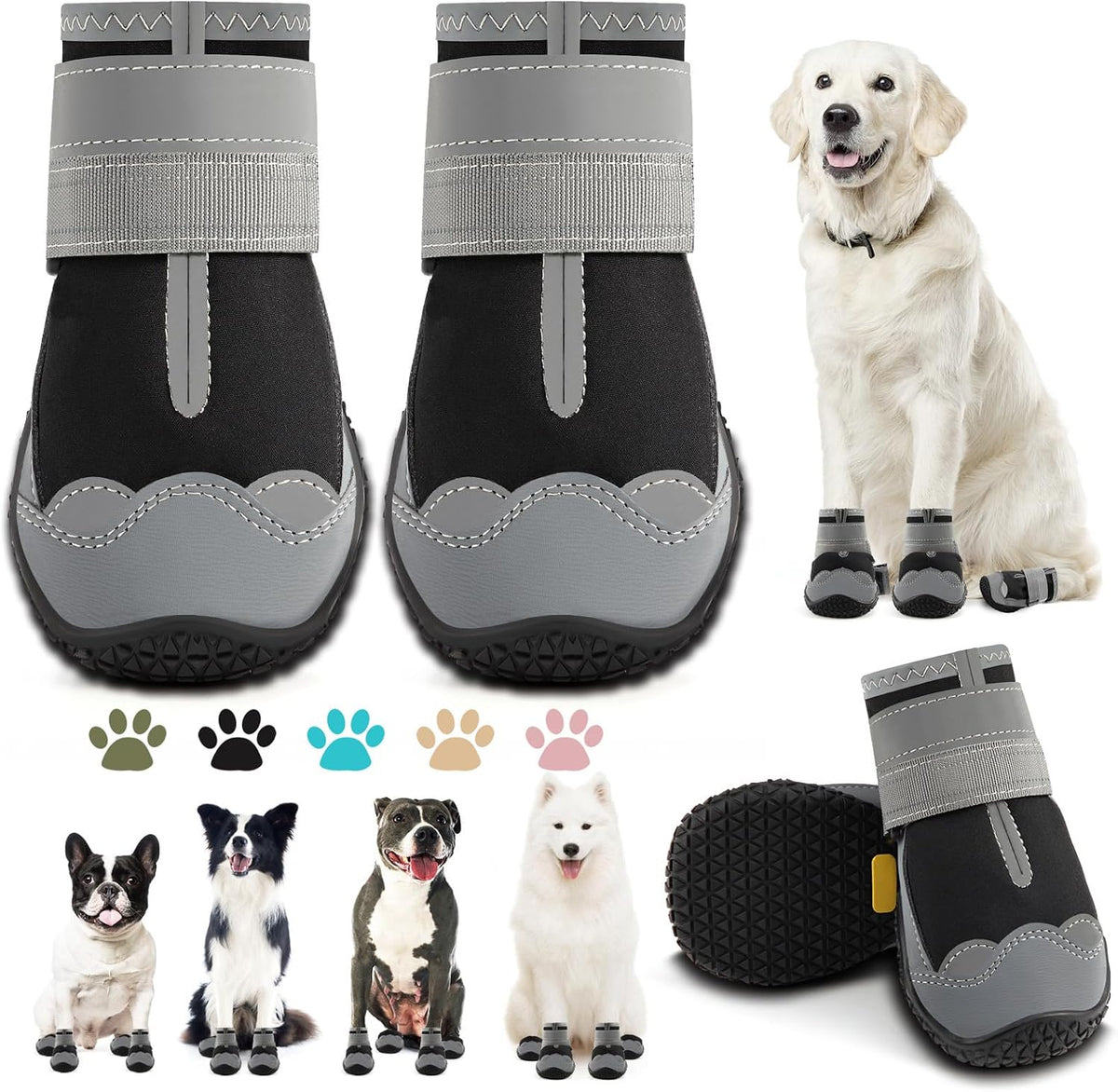 Dog Boots for Large Dogs, Medium Dog Boots & Paw Protectors for Hardwood Floors, Outdoor Dog - Light Black / Width 2.55 Inch