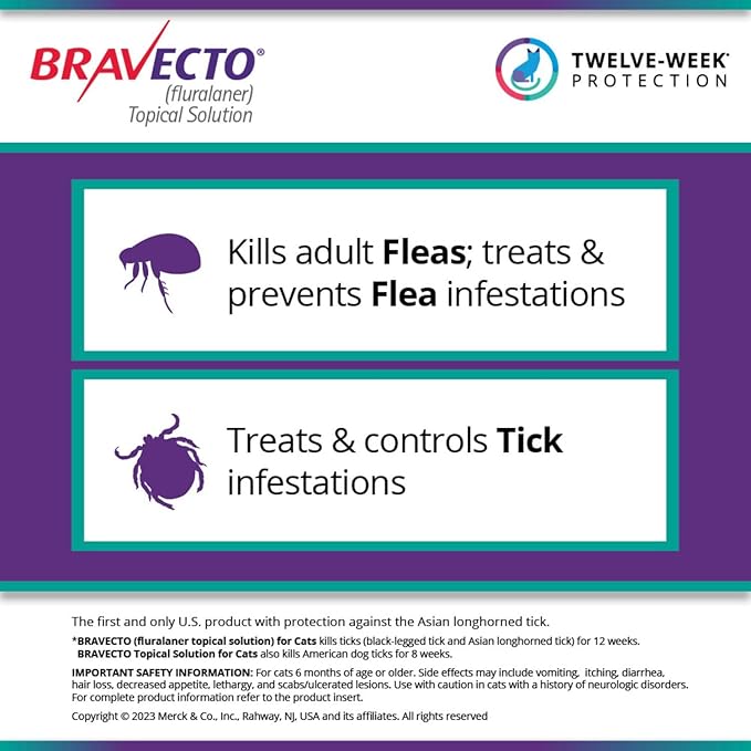 BRAVECTO Topical Solution for Cats, Flea & Tick, 12 Week Supply, 2.6-6.2 lbs., Green Box