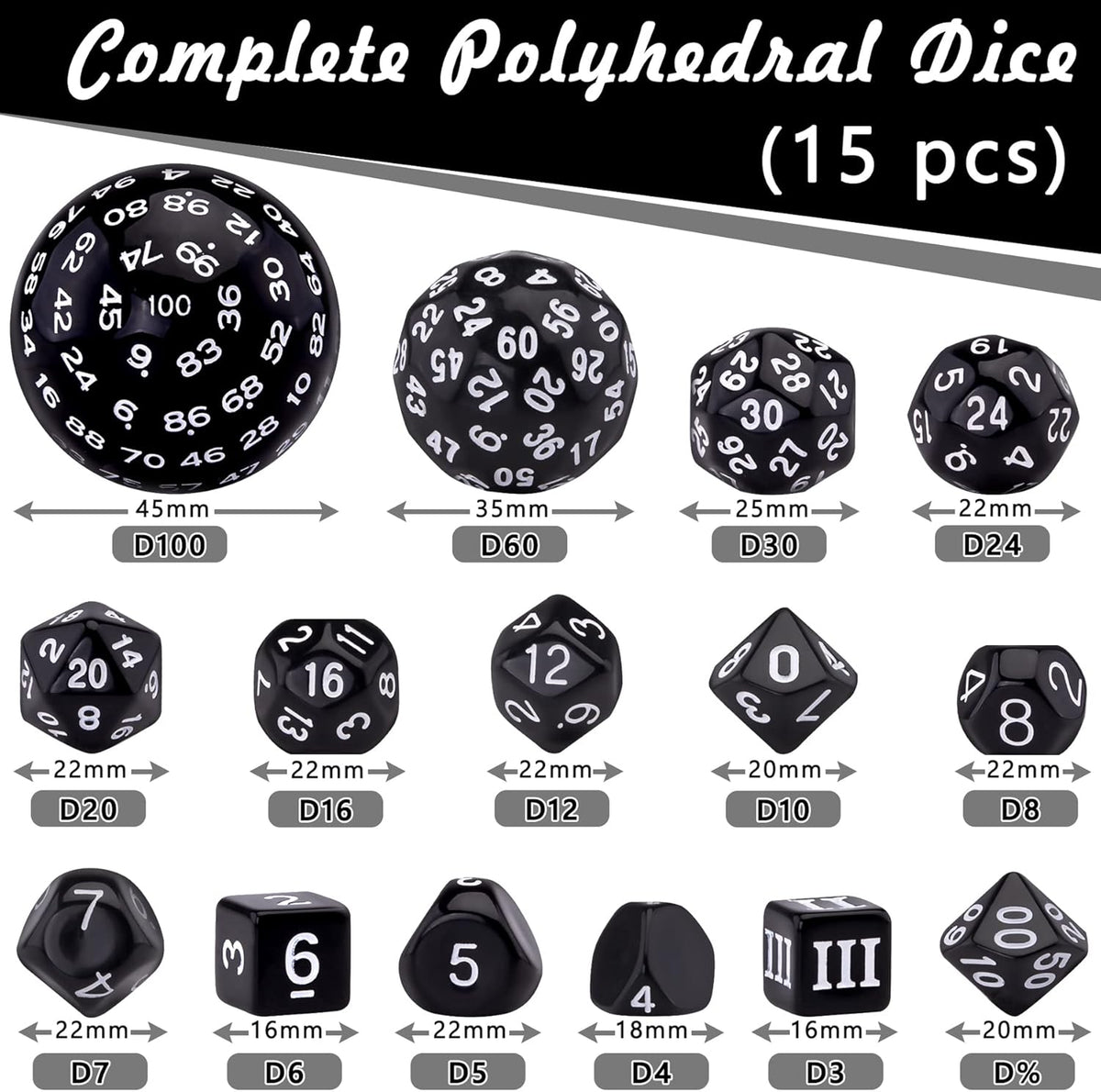 AUSTOR 15 Pieces Complete Polyhedral Dice Set D3-D100 Game Dice Set – Fun for Kids & Family - Black & White - image 2