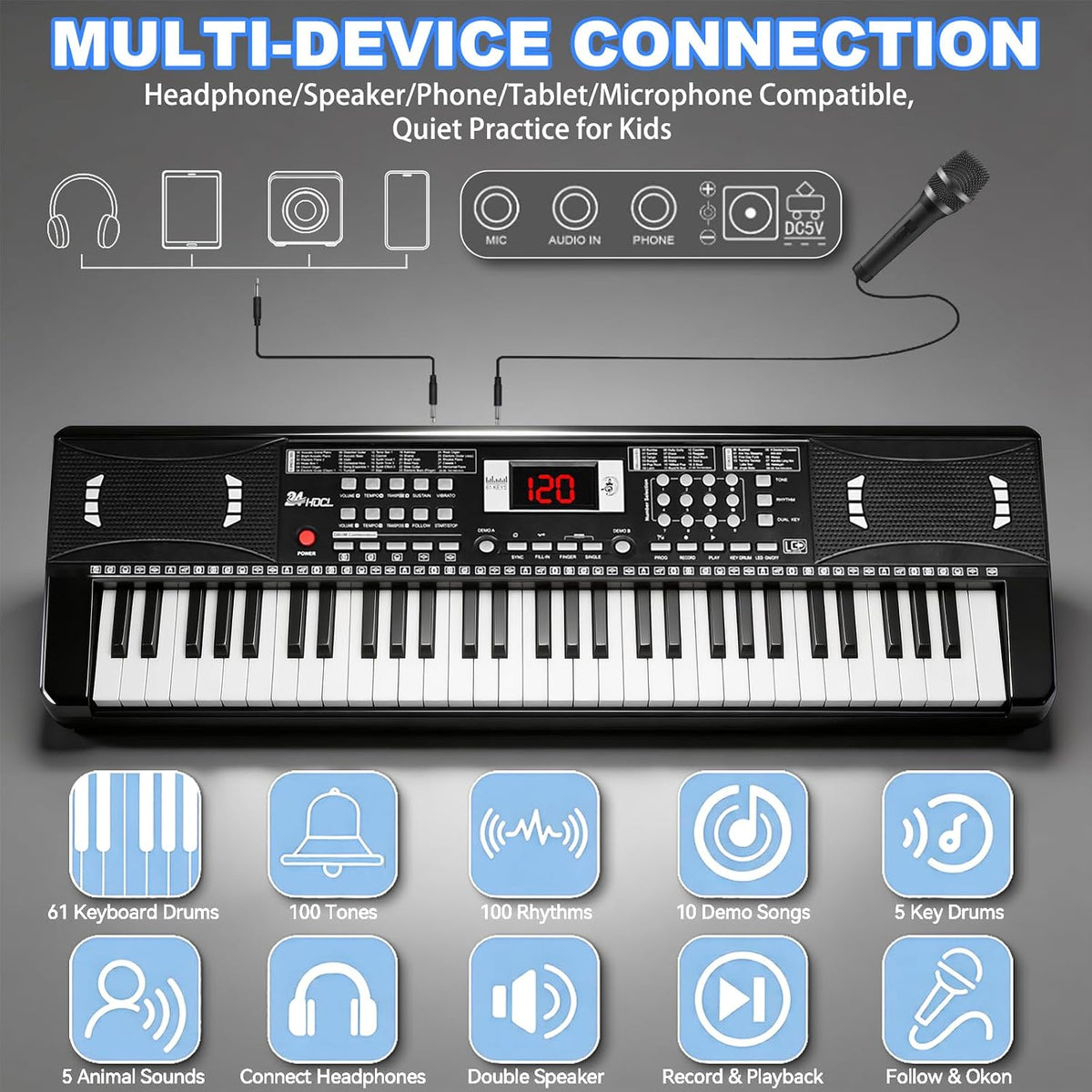 Kids Keyboard Piano, 61 Key Electronic Piano – Fun for Kids & Family - Black with Stand - image 3