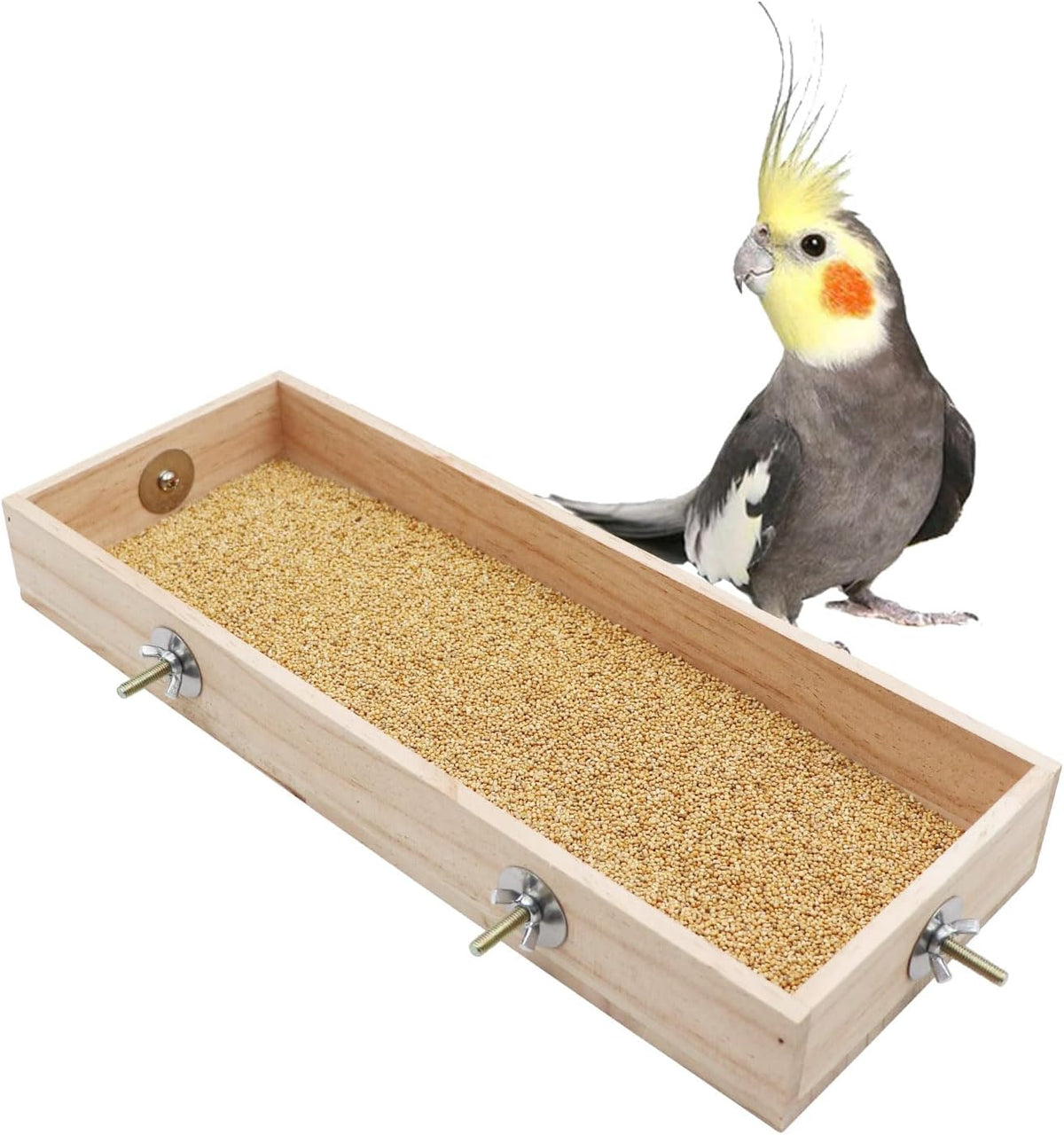 Bird Feeding Cups, Natural Wooden Parrot Perch Stand - 11.8 × 5.9 Inch