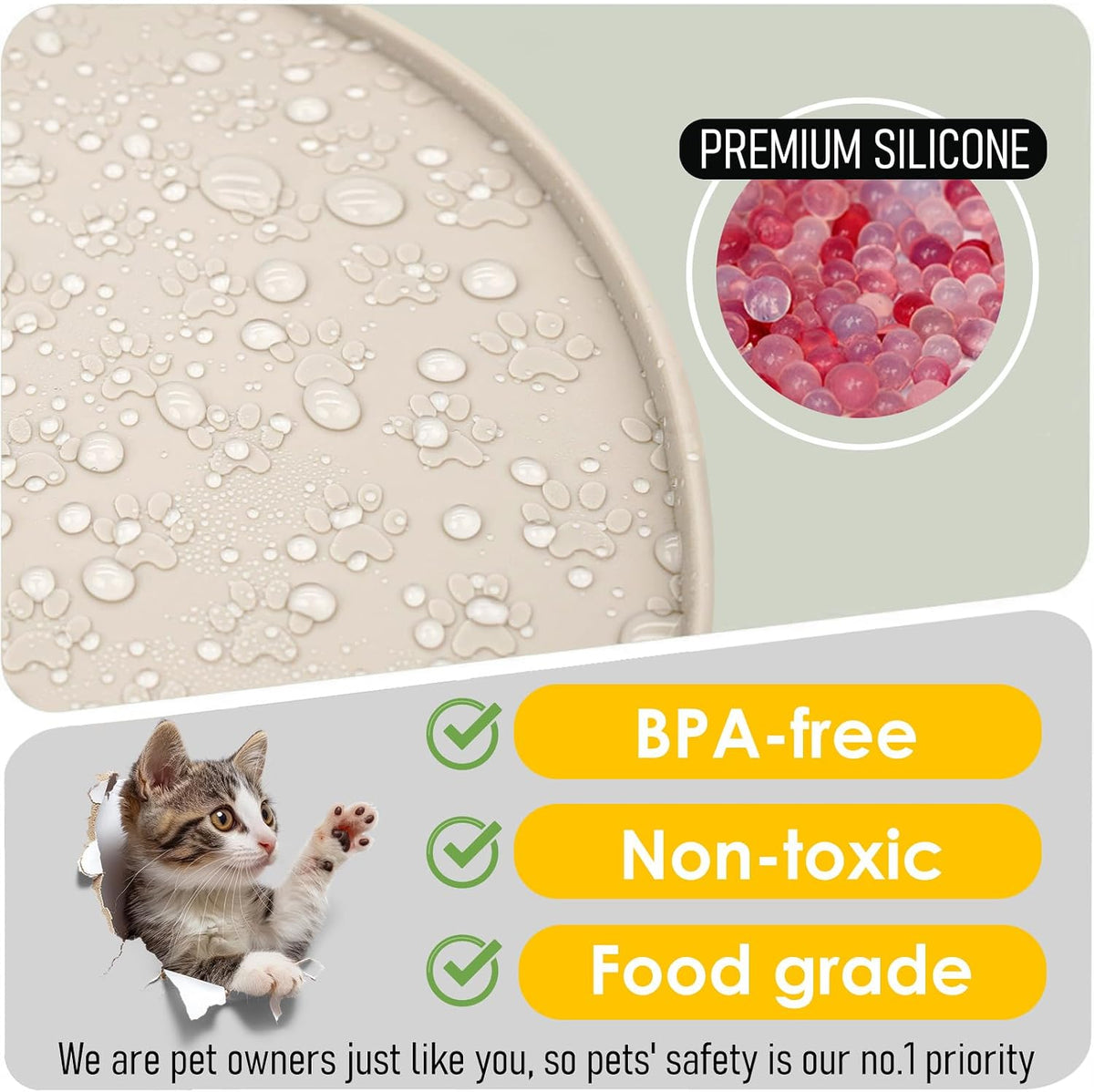 Pet Feeding Mat, Waterproof Anti-Slip Placemats for Dog Cat Bowl Silicone Pet Food Mat, Raised Edge - 2 Beige / 10.9"L x 10.9"W - image 2