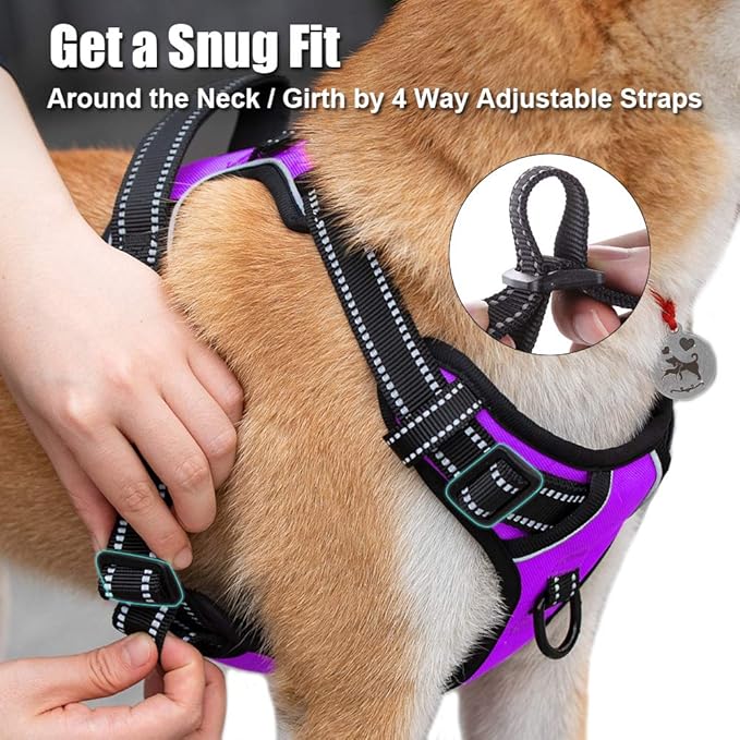 PoyPet No Pull Dog Harness, Reflective Comfortable Vest Harness with Front & Back 2 Leash Attachments and Easy Control Handle Adjustable Soft Padded Pet Vest for Small to Large Dogs (Purple,L)