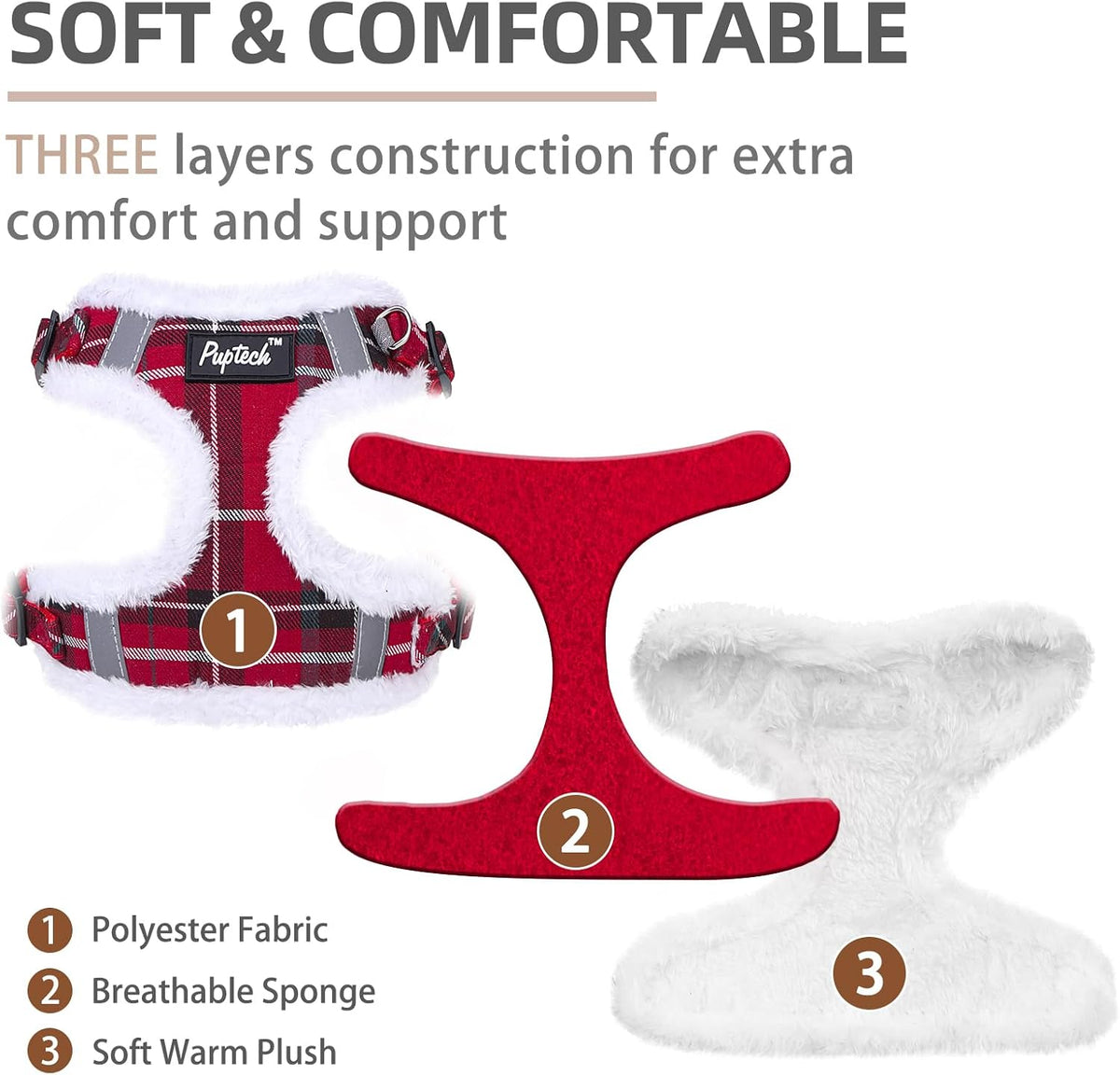 PUPTECK Dog Harness and Leash Set Small Sized - XS (9-13lbs, Chest 14"-16") / #3 Red(Plush Plaid) - image 2