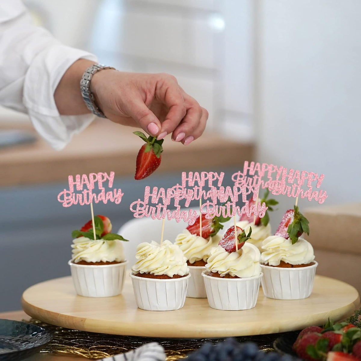 Gyufise 24Pcs Happy Birthday Cupcake Toppers Gold Glitter Celebrating - Pink - image 4