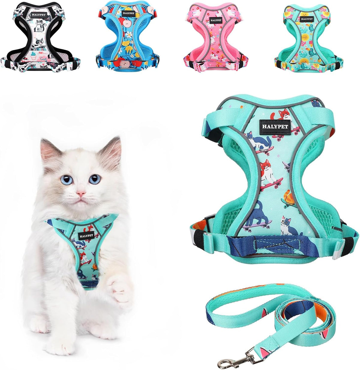 Cat Harness and Leash Set[MAX Safety 4th-Gen] Cute Escape Proof Vest - H603 Pro Purrfect Green / X-Small (4-6lb)