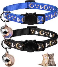 Baeuppit 2PCS Breakaway Cat Collars with Bell Moons Stars Cute Kitty - Neck 6.9-10.7 in / Black&Blue