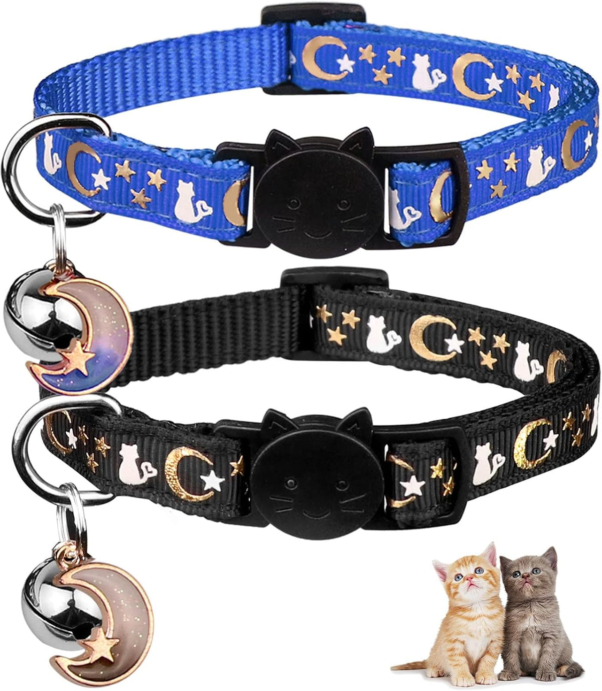 Baeuppit 2PCS Breakaway Cat Collars with Bell Moons Stars Cute Kitty - Neck 6.9-10.7 in / Black&Blue
