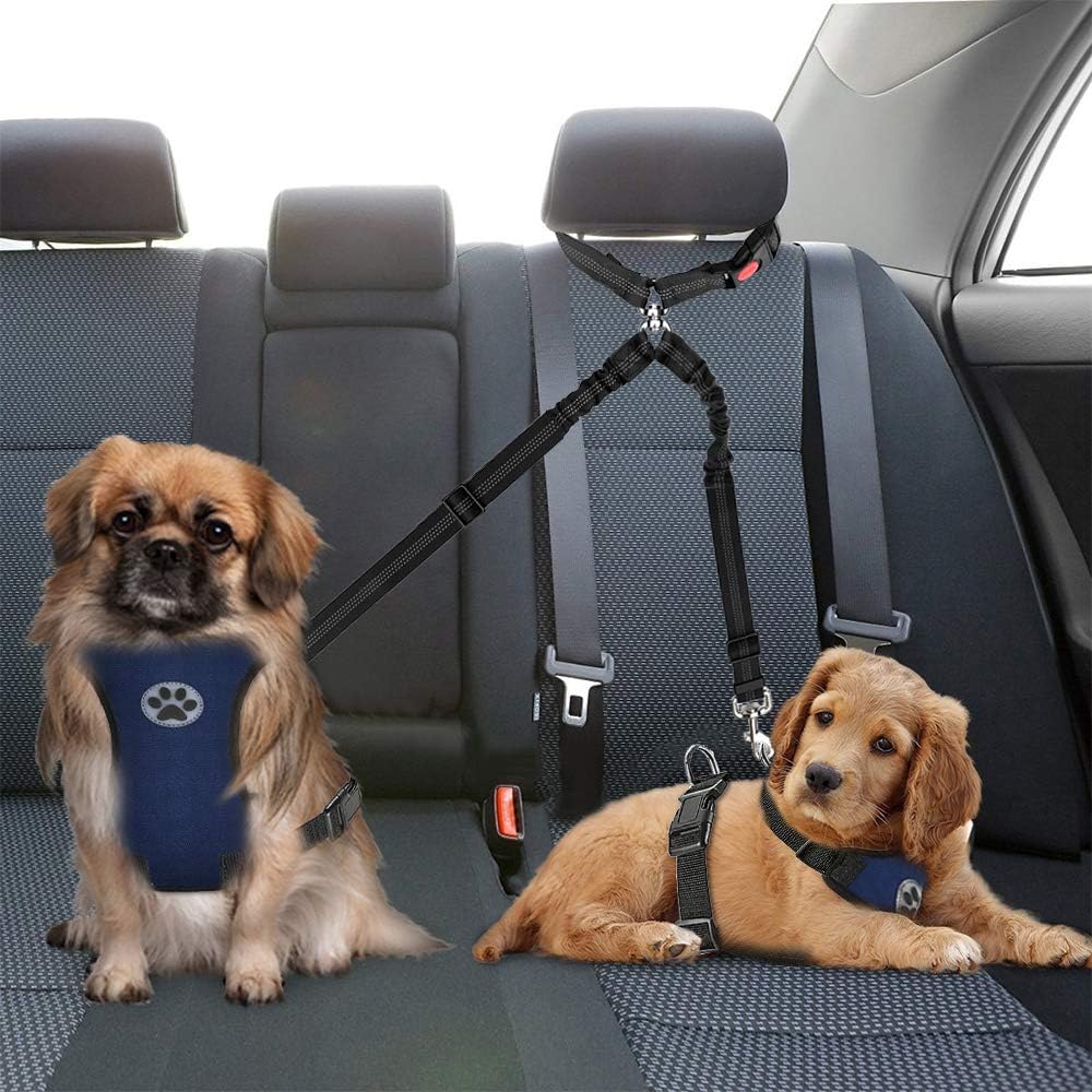 Double Dog Seat Belt, New Dual Pet Car Headrest Restraint Safety Seatbelt No Tangle Dog Leash Duty - image 2