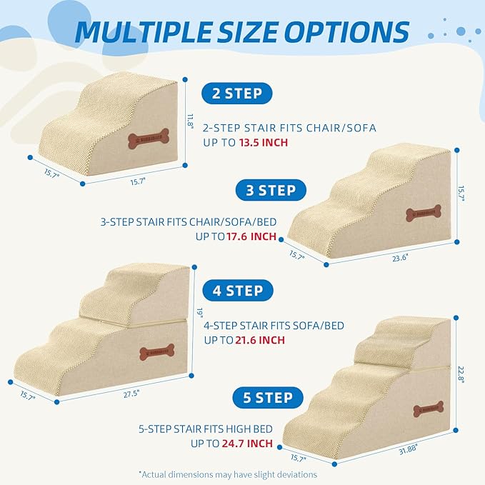 Dog Stairs 4 Steps for Small Dogs and Cats to Get on High Beds, Couch or Car, Pets Can Climb, Sit, Lie Down or Perch to Look Out Windows on The Spliceable Ramp, Provides Support, Beige（19" H）