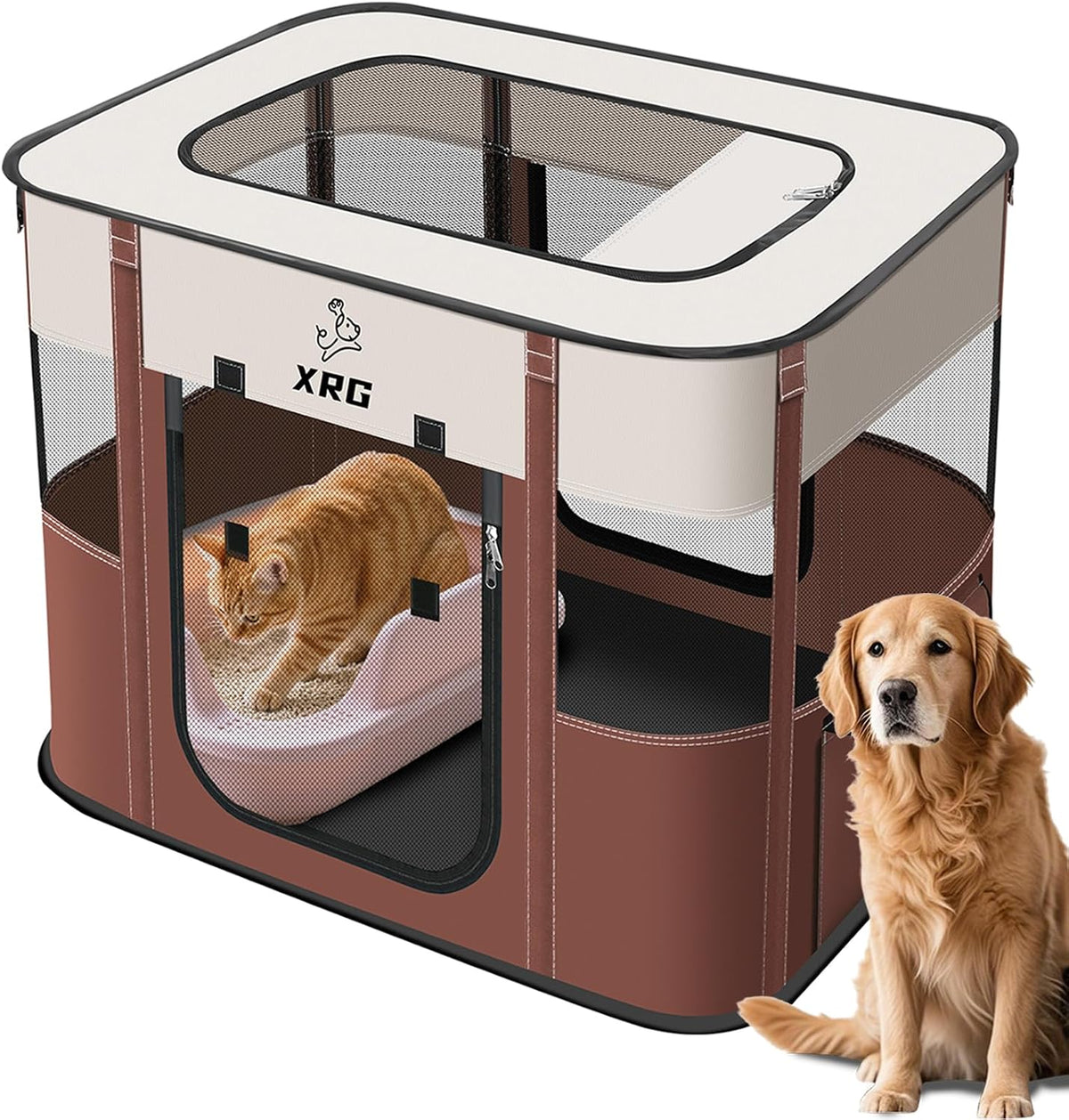 Foldable Pet Cat Playpen, Indoor Cat cage Crates S - Brown / Large（35.4"L x 27.6"W x 23.6"H）