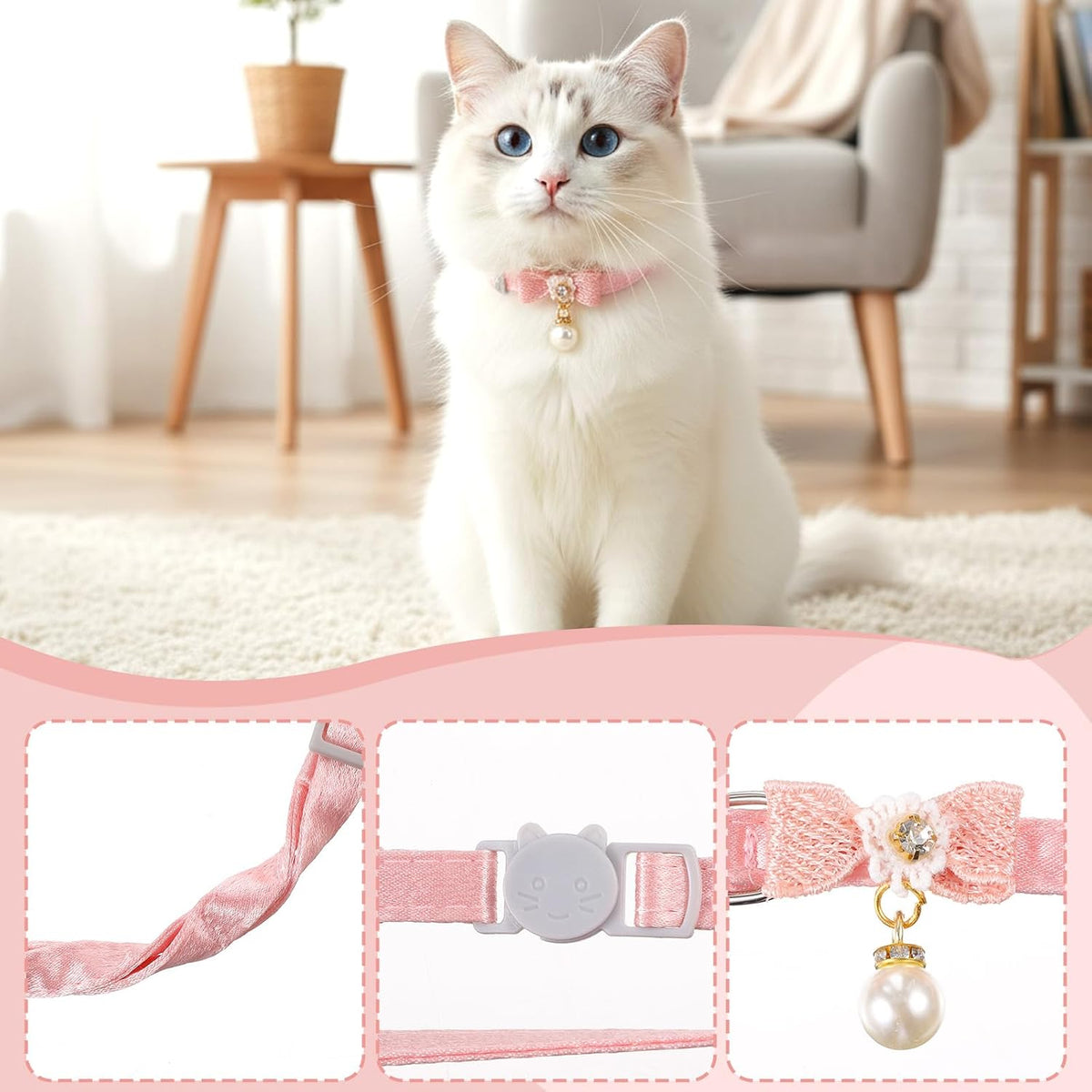 LXUEJIE pink breakaway cat collar with bow and pearl pendant - view 3