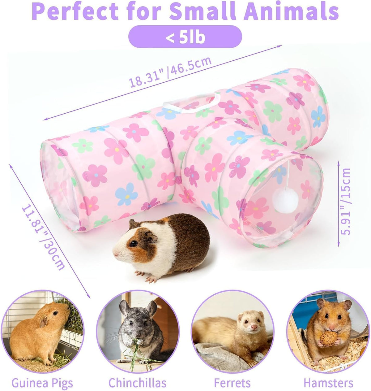 Guinea Pig Tunnel Hideout 3-Way Collapsible Small Pet Tubes - Flower