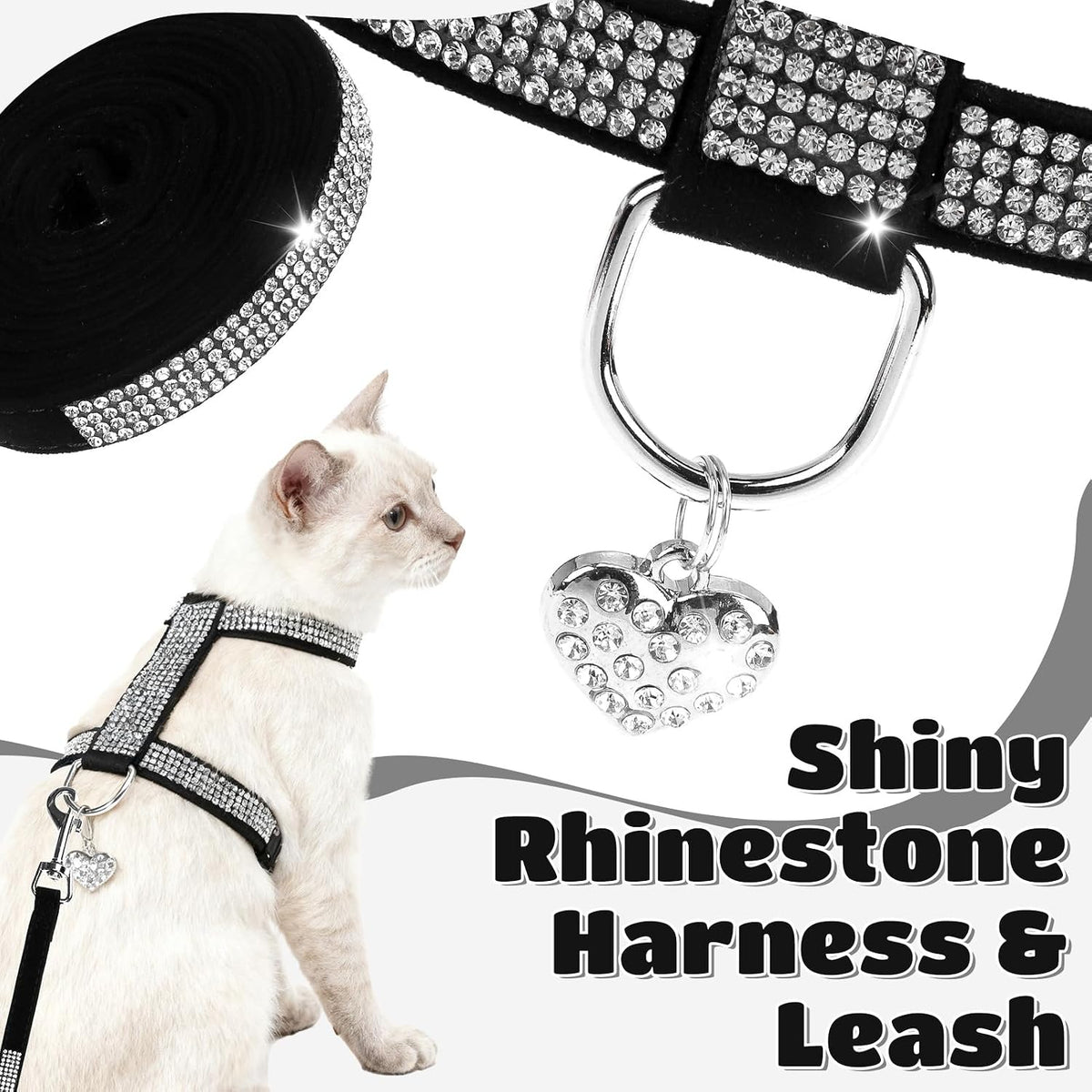 Cat Harness and Leash Set, Escape Proof Adjustable Cat Harness - Black Rhinestones / Small - image 2