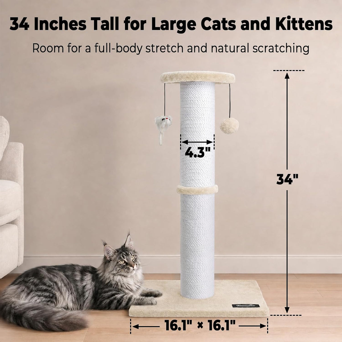 34-Inch Tall Cat Scratching Post for Large Cats, Stable Base - Beige - image 2