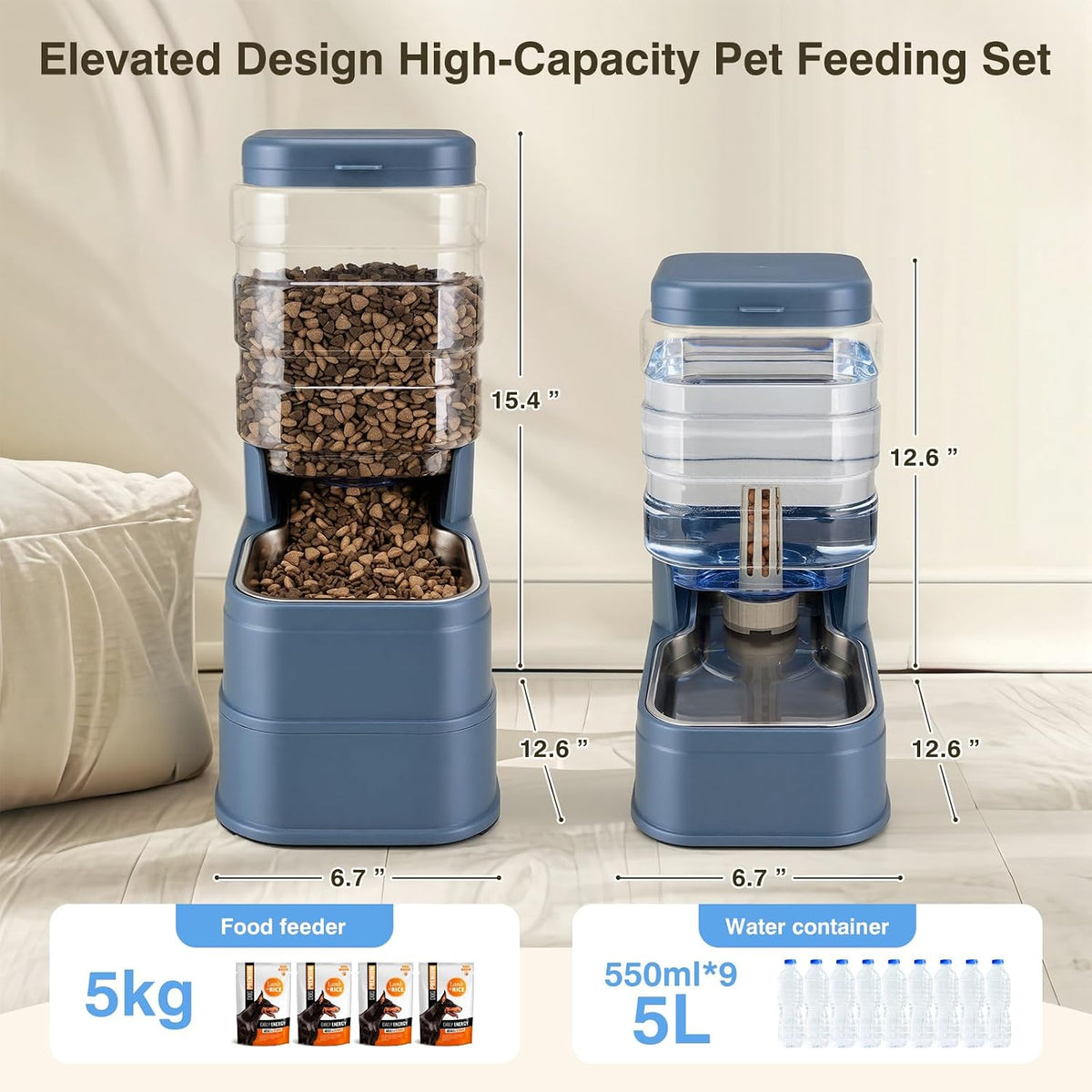 2 Pack Automatic Cat Feeder and Water Dispenser 1.3 Gallon Dog - Blue - image 2