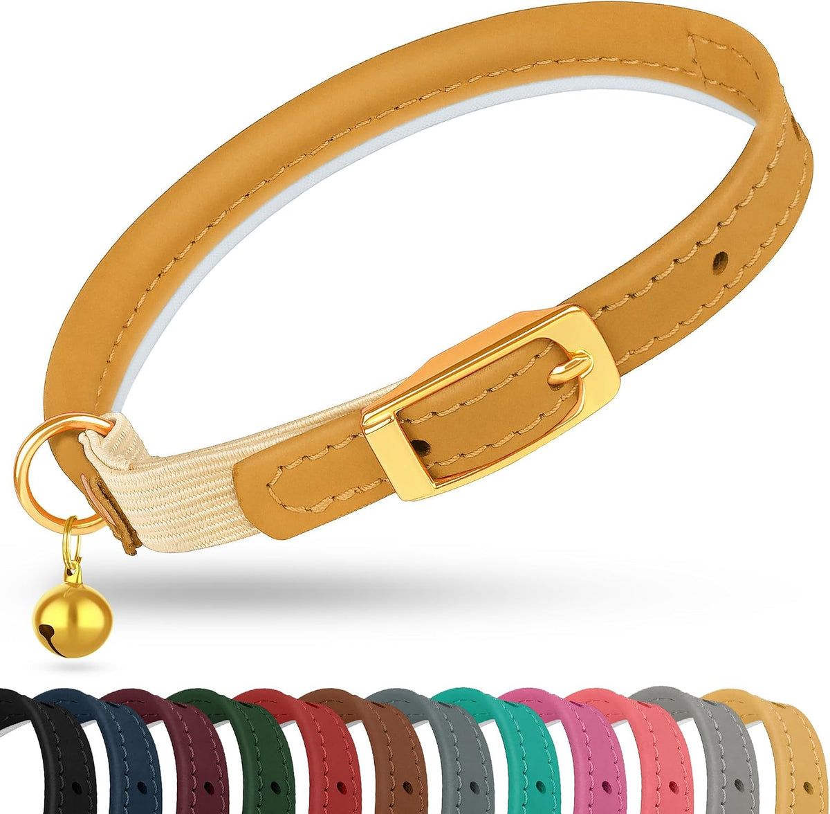 OOPSDOGGY Rolled Leather Cat Collar with Bell - Camel