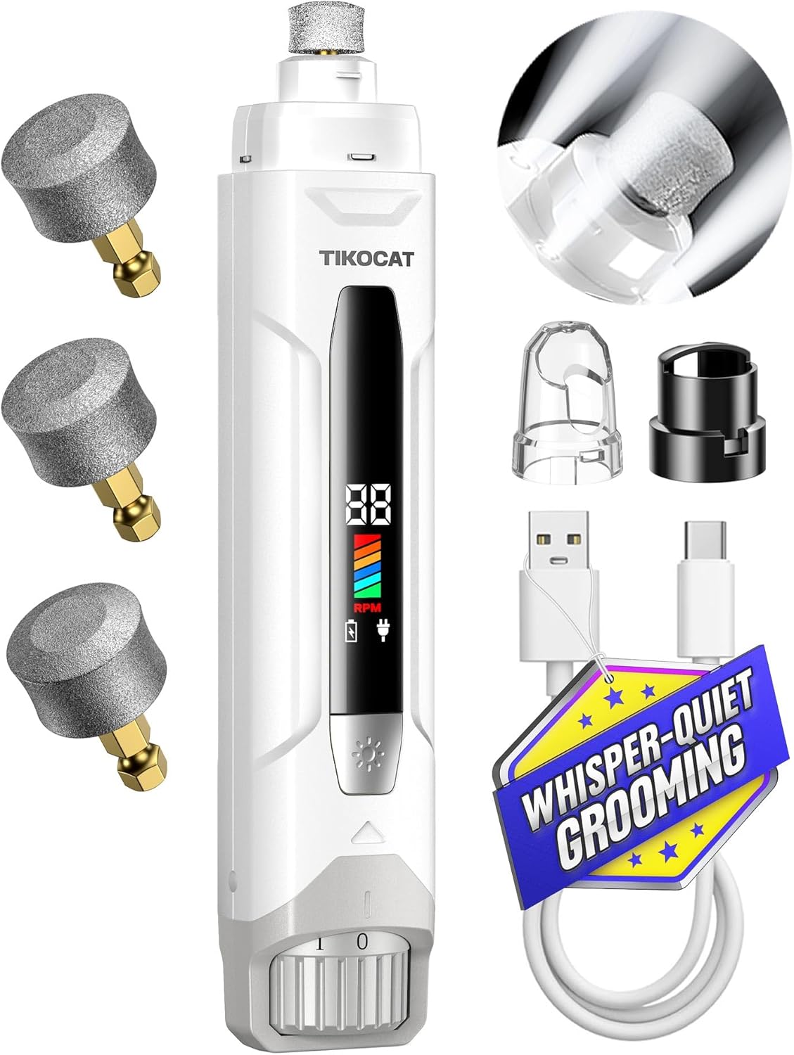 Whisper-Quiet Dog Nail Grinder 50%More Power for Sensitive Dogs - White