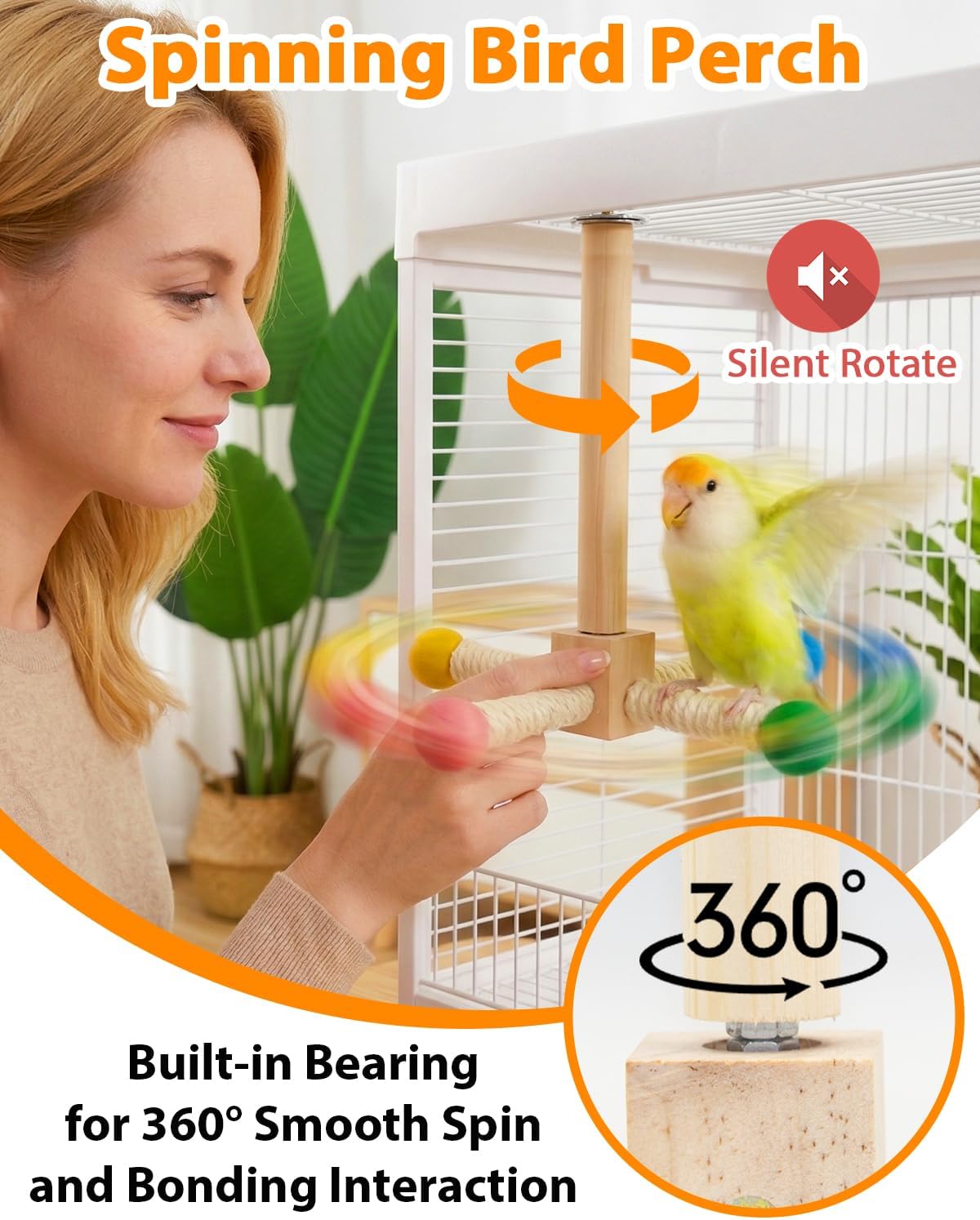 Bird Perch Toy, Kiln-Dried Wood Interactive 360° Spinning Cage Toy – Essentials for Birds - Small (no bells) - image 2