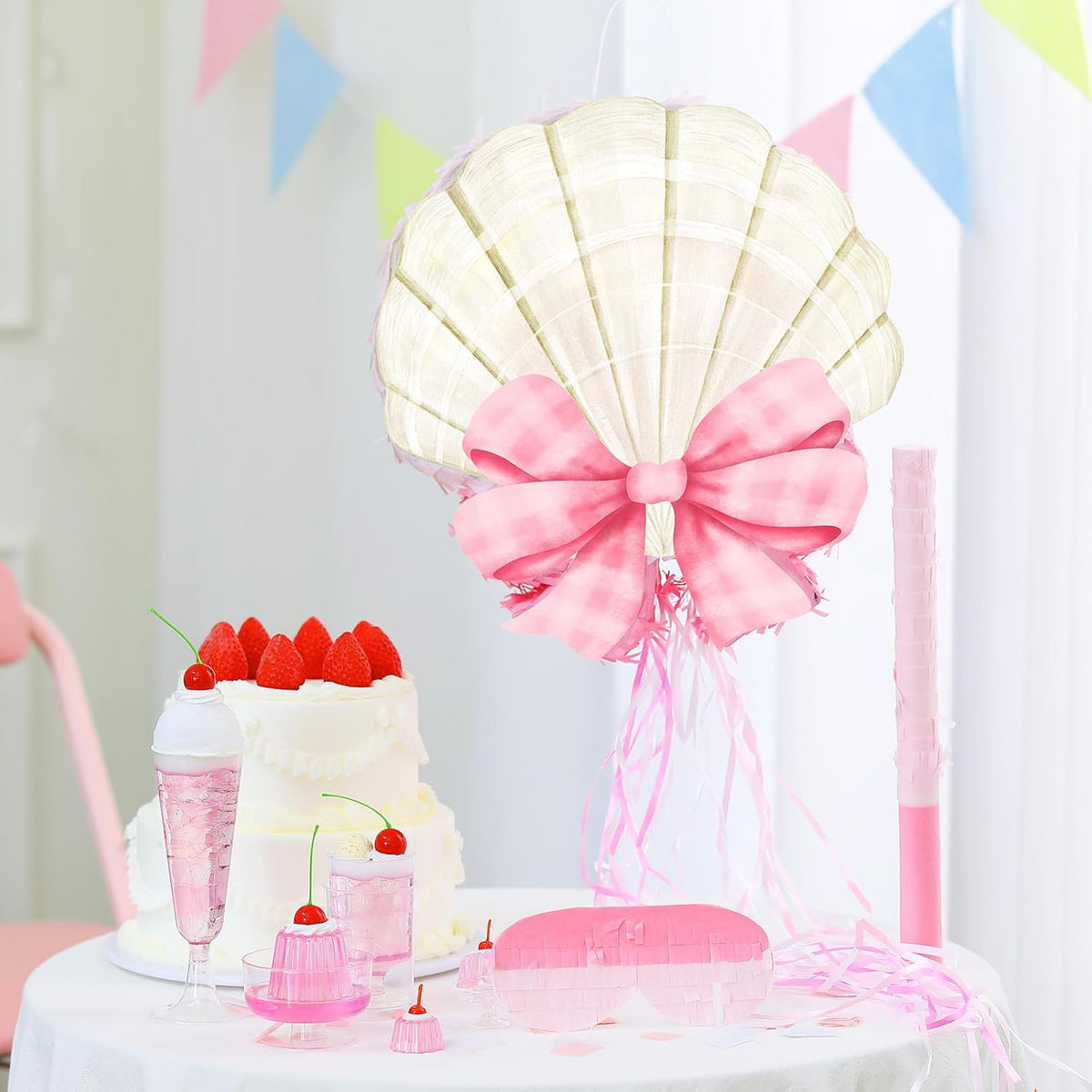 Feifeiya pink bow piñata with pink and white bat, eye masks and confetti - view 17