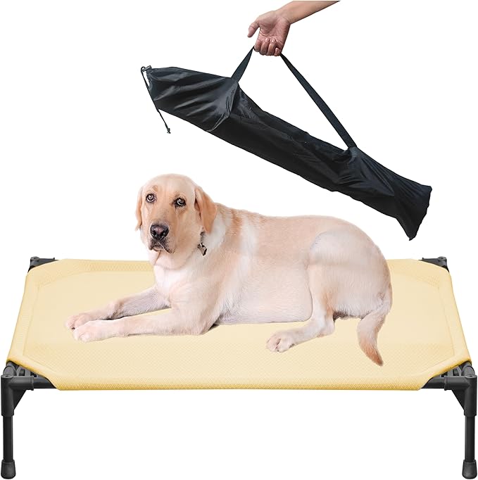 Soft Mesh Elevated Pet Bed for Large Medium Dogs Outdoor Resting Cot with Water-Resistant, Air-Permeable, Cooling and Anti-Skid Portable Dog Bed, Up to 120 lbs, 43.2" L x 31" W x 7.5" H, Beige