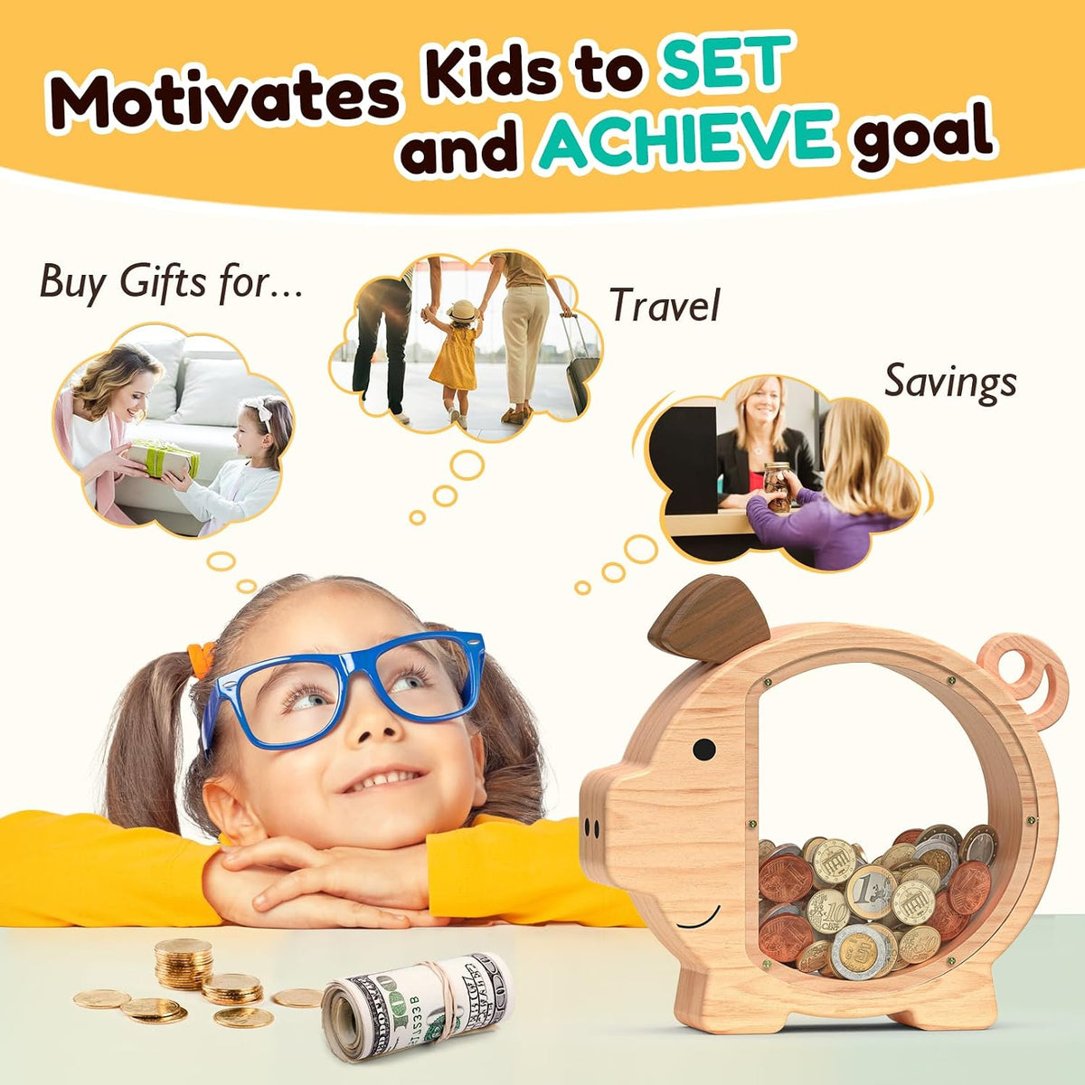 Summidate Pink Piggy Bank for Kids Girls - Default Wood Piggy / Standard - image 4