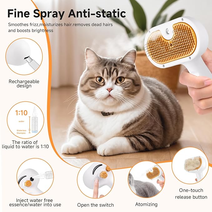 Pet Steam Brush for Dog & Cat – 3-in-1 Spray Hair Removal Comb – Steam Brush for Shedding & Grooming – Spritz Defur Comb – Includes Ear Wipes