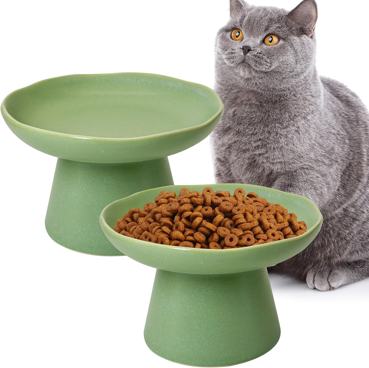 VCEPJH Elevated Cat Bowls 6.1in Wide Shallow Ceramic Raised Food Dish – Essentials for Cats - Green(Pack of 2)