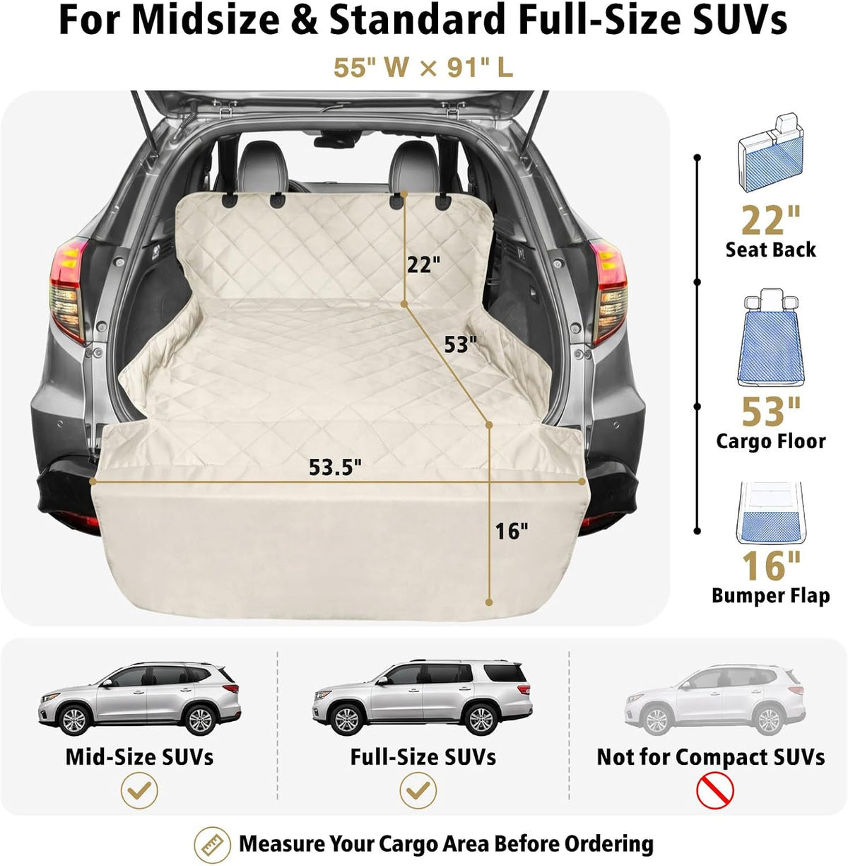 SUV Cargo Liner for Dogs - Trunk Cover for SUV with Bumper Flap Protector – Essentials for Dogs - Beige / Standard: 55" x 91" - image 2