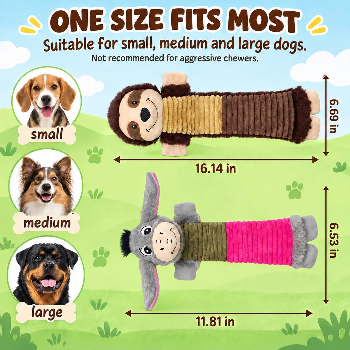 2 Pack No Stuffing Dog Squeaky Toys - Donkey&Sloth - image 4