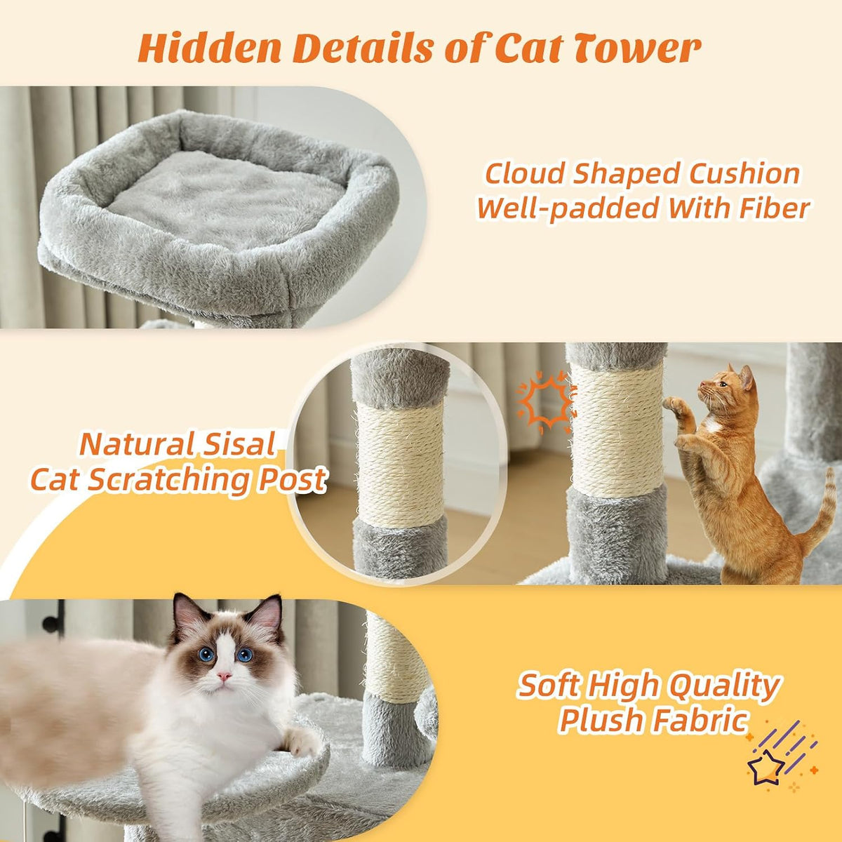 DUMOS 44 Inch Cat Tree Tower with Natural Sisal Scratching Posts – Essentials for Cats - Light Grey / 4 / 44 Inch - image 4