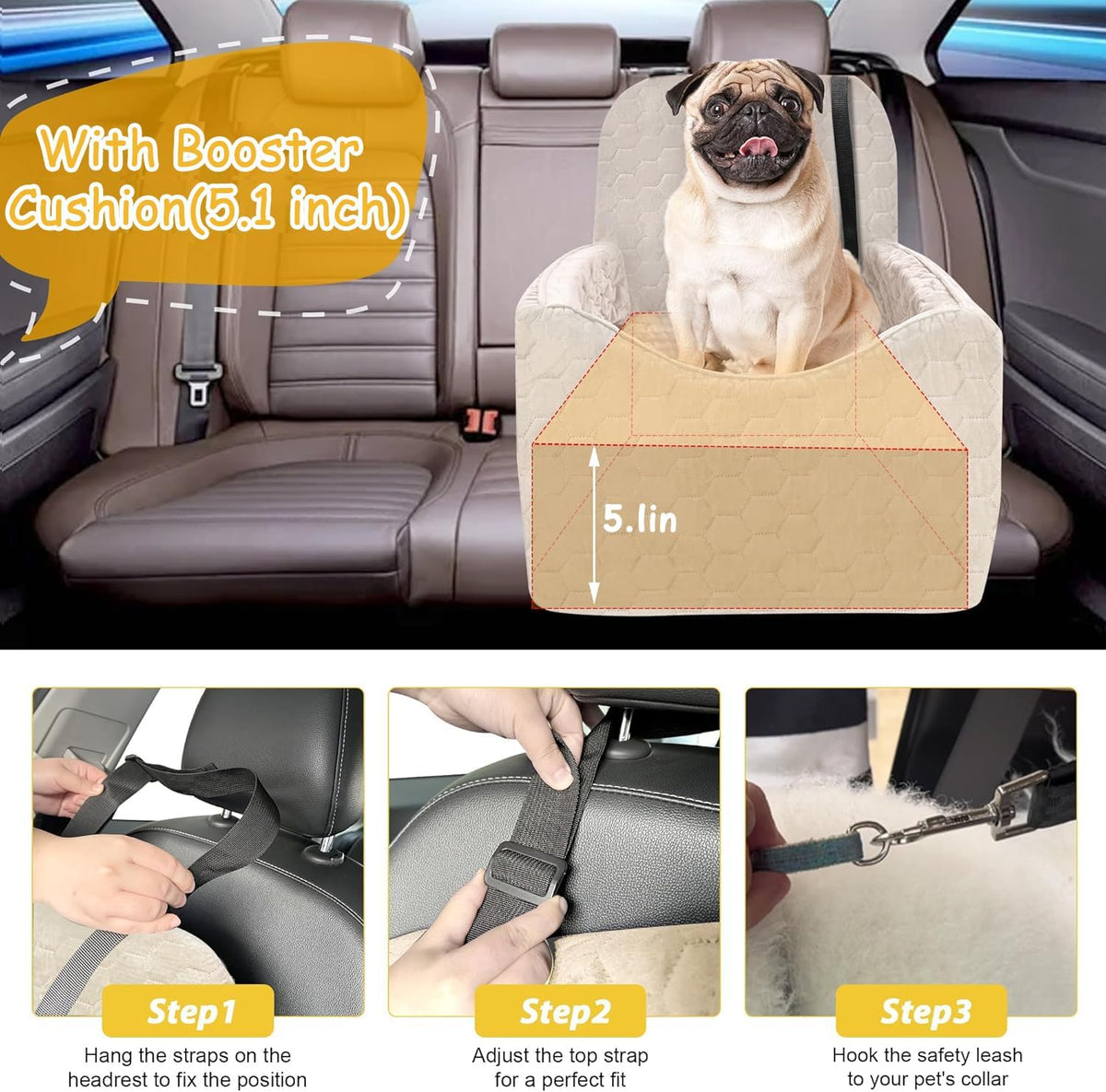Dog Car Seat for Small/Medium Dogs, Memory Foam Dog Booster Seat - White / Medium - image 4