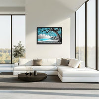 Extra Large Framed Abstract Tree Wall Art,Black and White Tree of Life Wall Decor,Blue Teal Sea Pictures for Living Room,Canvas Print Painting Modern Artwork Bedroom Office Bathroom 36L x 24W