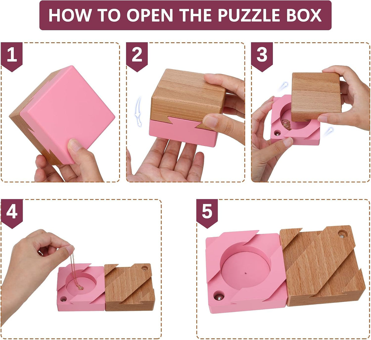DC-BEAUTIFUL Impossible Dovetail Box Mini 3D Brain Teaser Wooden - Small Pink - image 4