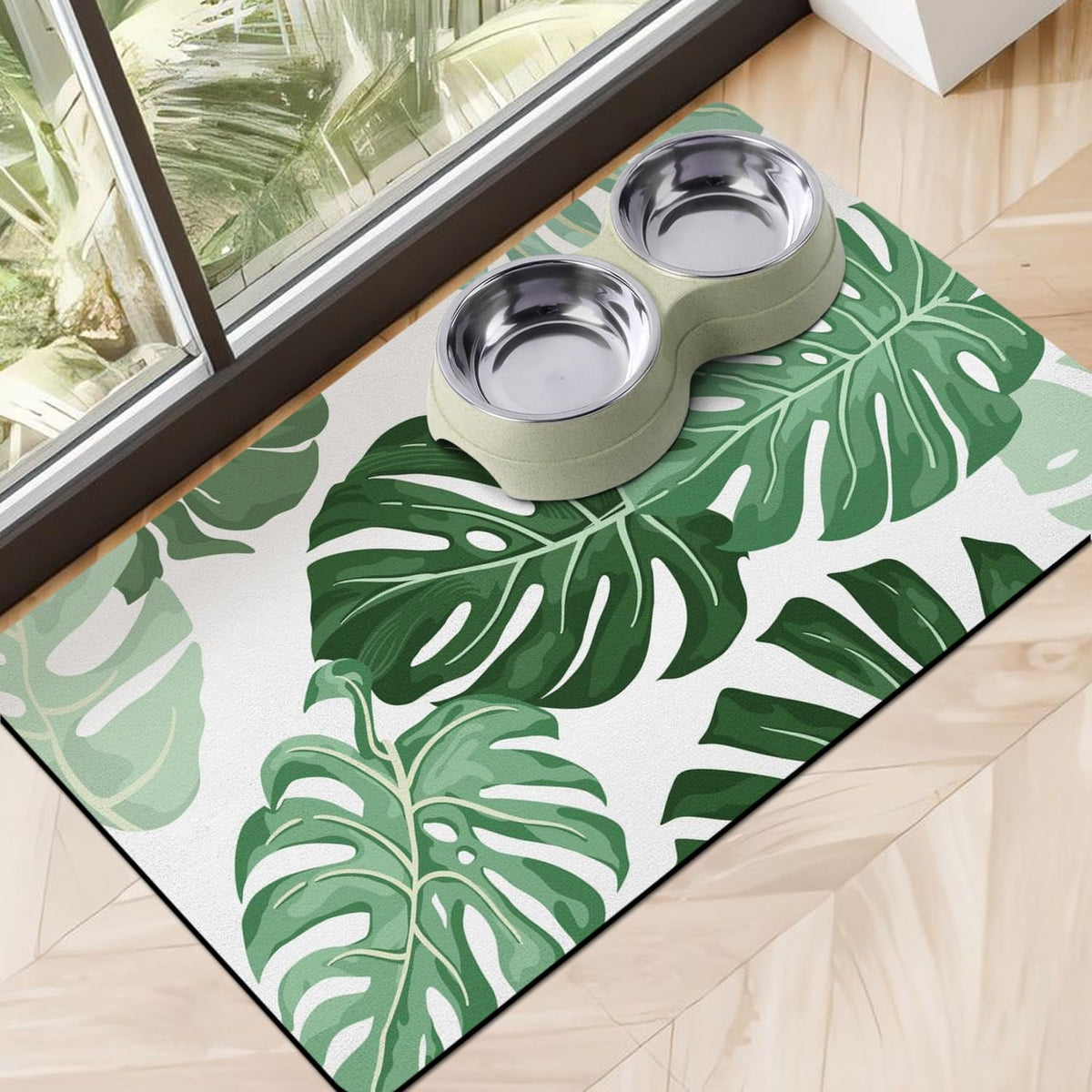 Dog Food Mats for Floors, Absorbent Dog Bowl Mat for Food and Water Dispenser, Quick Dry Cat Food - Leaves / 20"L x 12"W